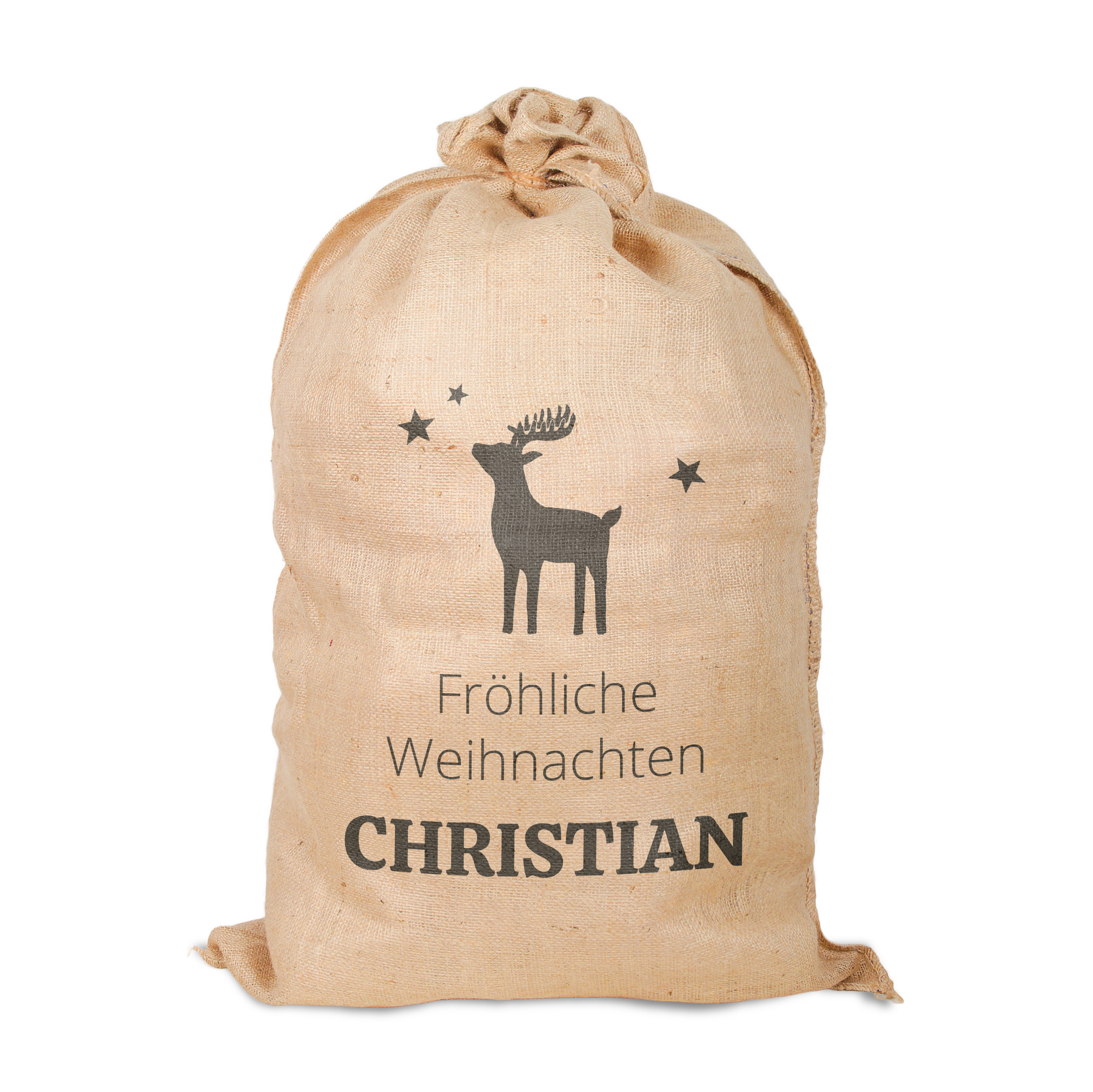 Weihnachtsmann Sack aus Jute mit Hirsch-Motiv und dem Namen CHRISTIAN bedruckt. Verstaue deine Weihnachtsgeschenke in einem liebevoll gestalteten Weihnachtsmann Sack mit Namen.