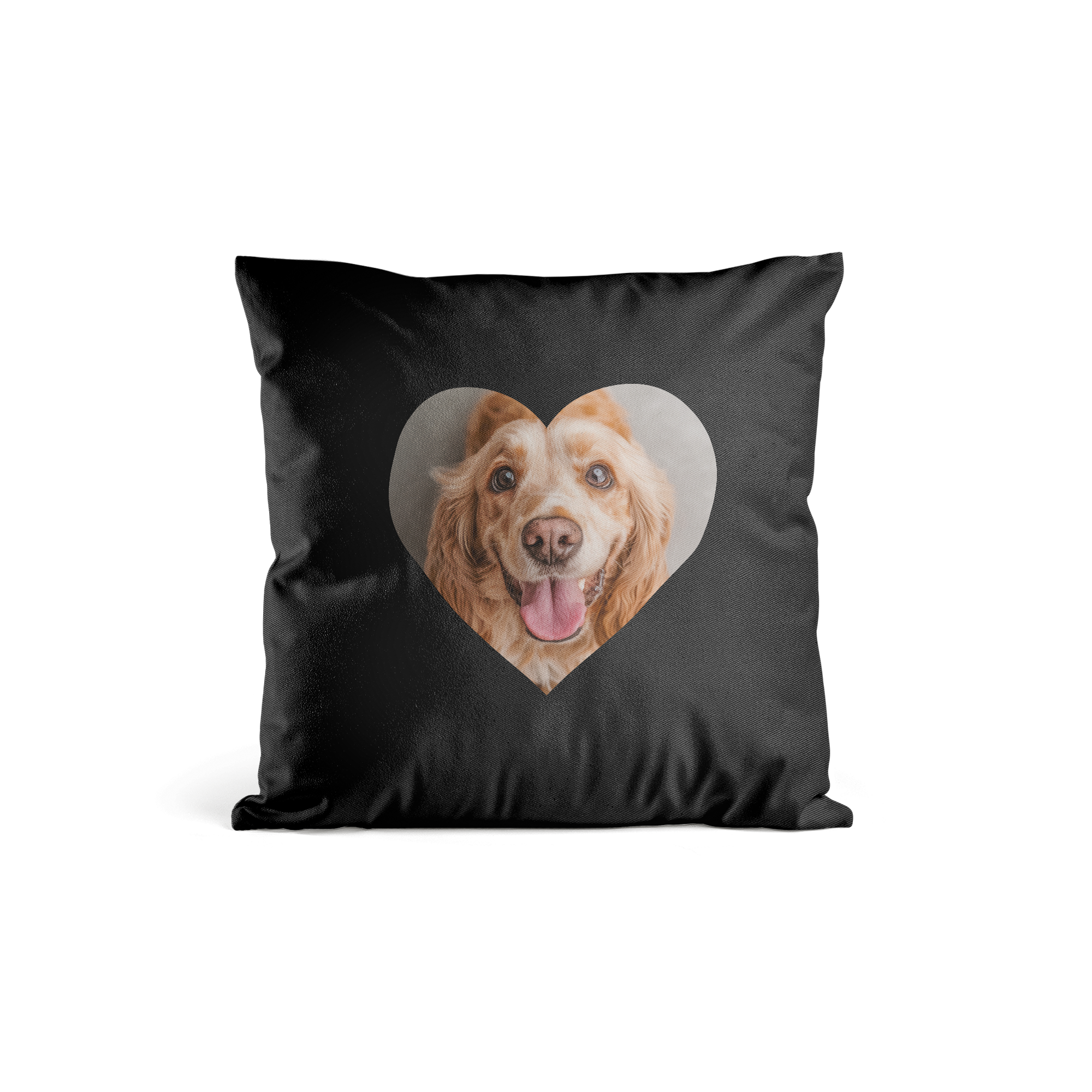 Black soft cushion case printed with a heart-shaped photo of a happy golden dog