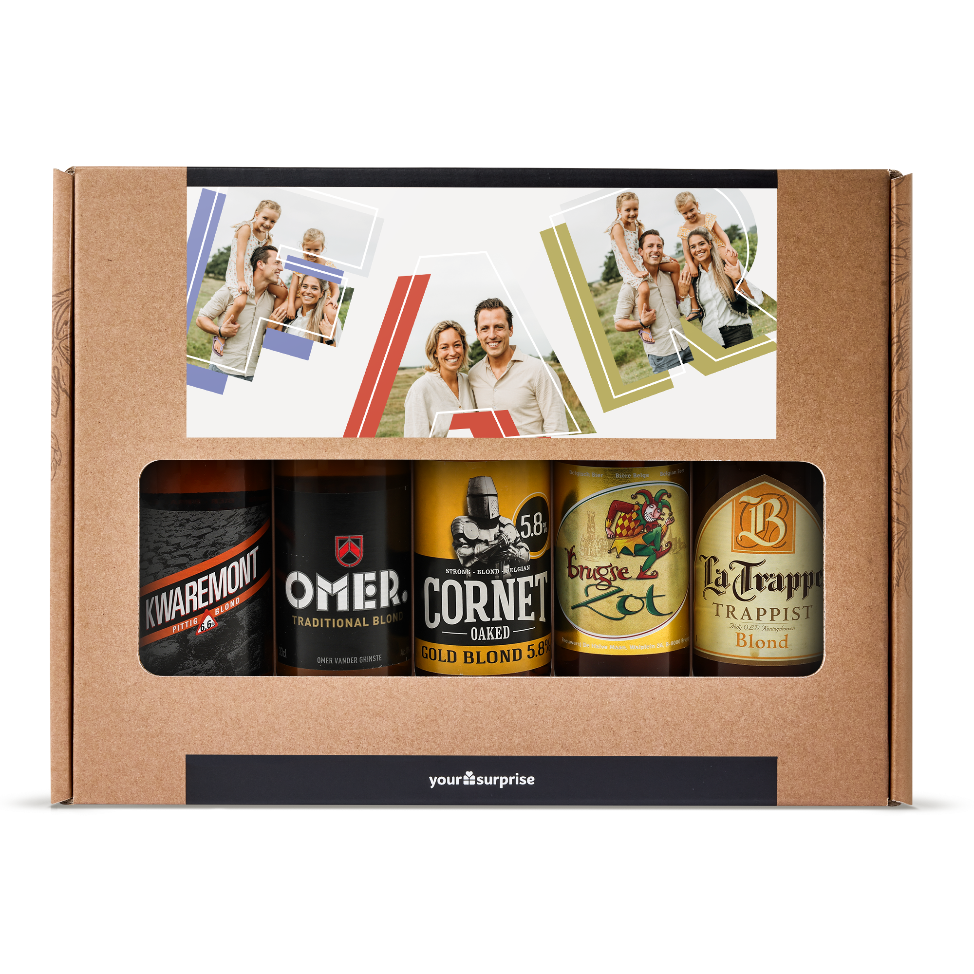 Personlig ølpakke - Blond med udskårne familiebilleder og et trykt "A" på emballagen.