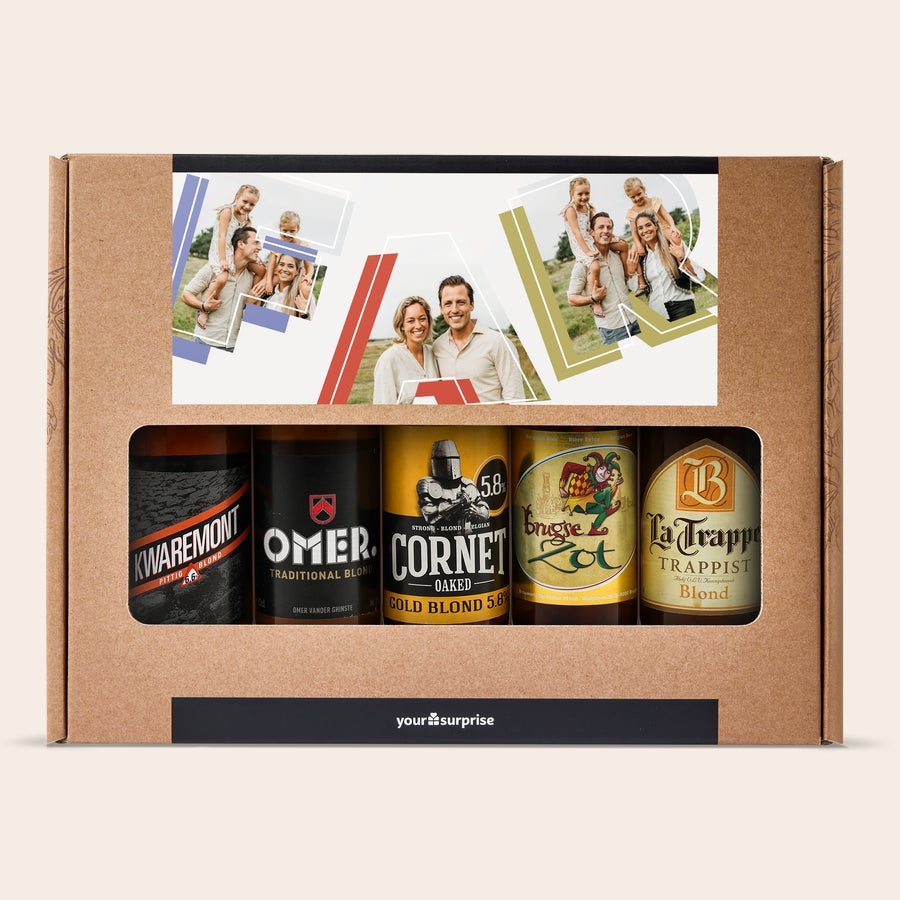 Øl gaveæske med eget billede Skål ølpakke med fem øl og printet gaveæske. Ølkassen har personligt foto og navn påtrykt.