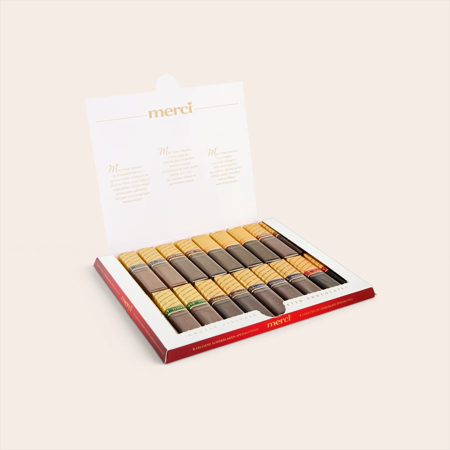 Chocolate merci con tarjeta personalizada - 250 gramos Caja de bombones merci de varios sabores con 20 unidades, ideal para sorprender a tus seres queridos con una tarjeta personalizada.