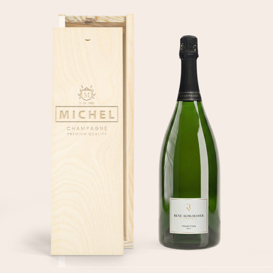 Magnum Champagne René Schloesser Magnum Champagner personalisieren: gravierte Holzkiste mit Name Michel und Datum für René Schloesser (1500 ml)