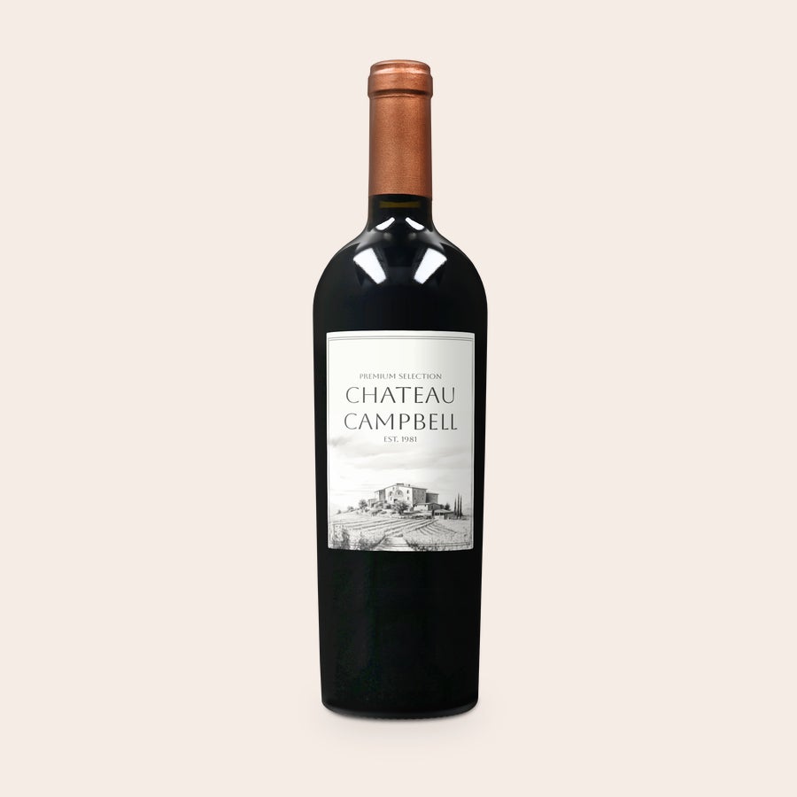 Wino Salentein Primus Malbec ze spersonalizowaną etykietą Butelka wina Salentein Primus Malbec z etykietą ze zdjęciem dworku i napisem Chateau Campbell, est. 1981