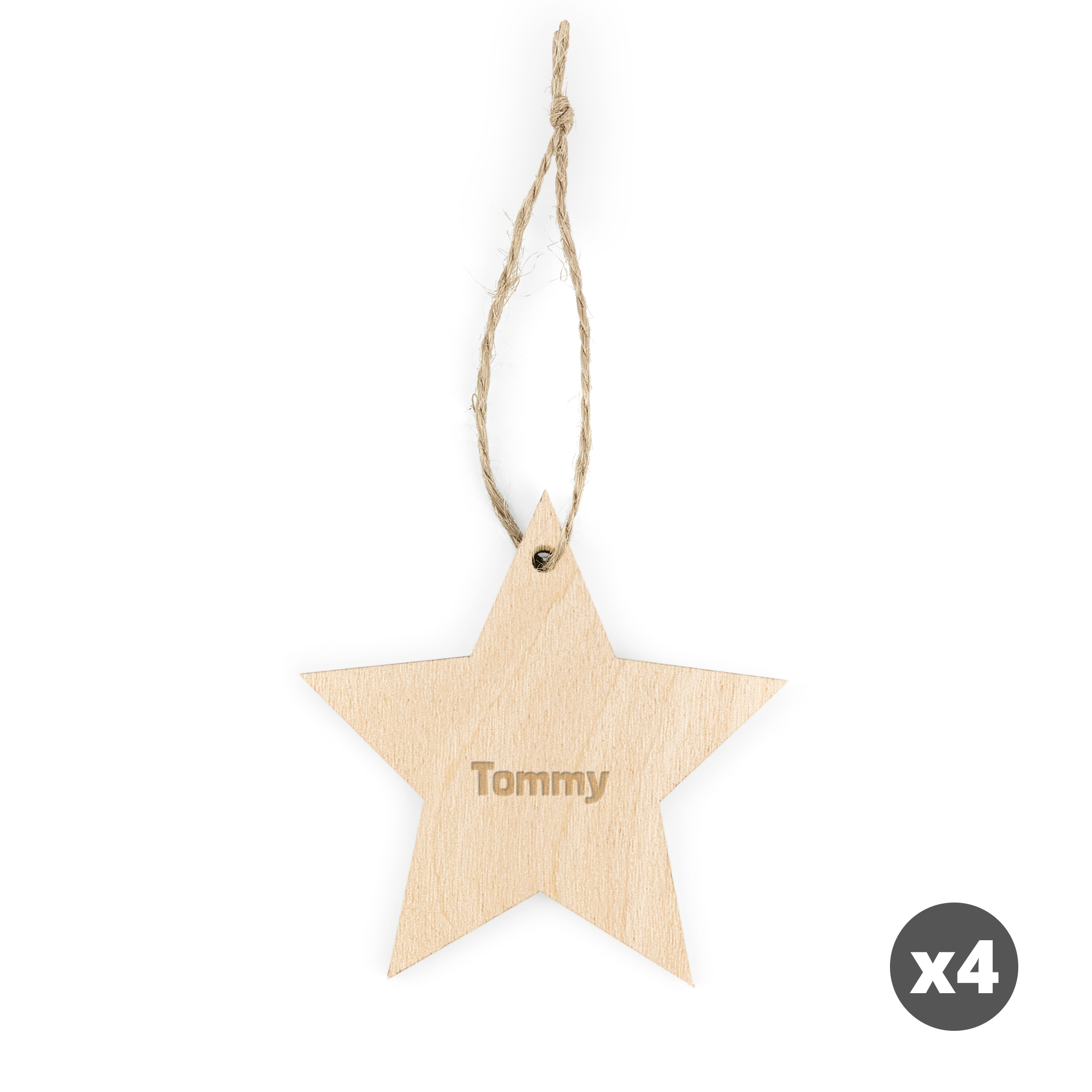 Set 4 stele de Crăciun din lemn gravate cu numele Tommy, personalizabile.