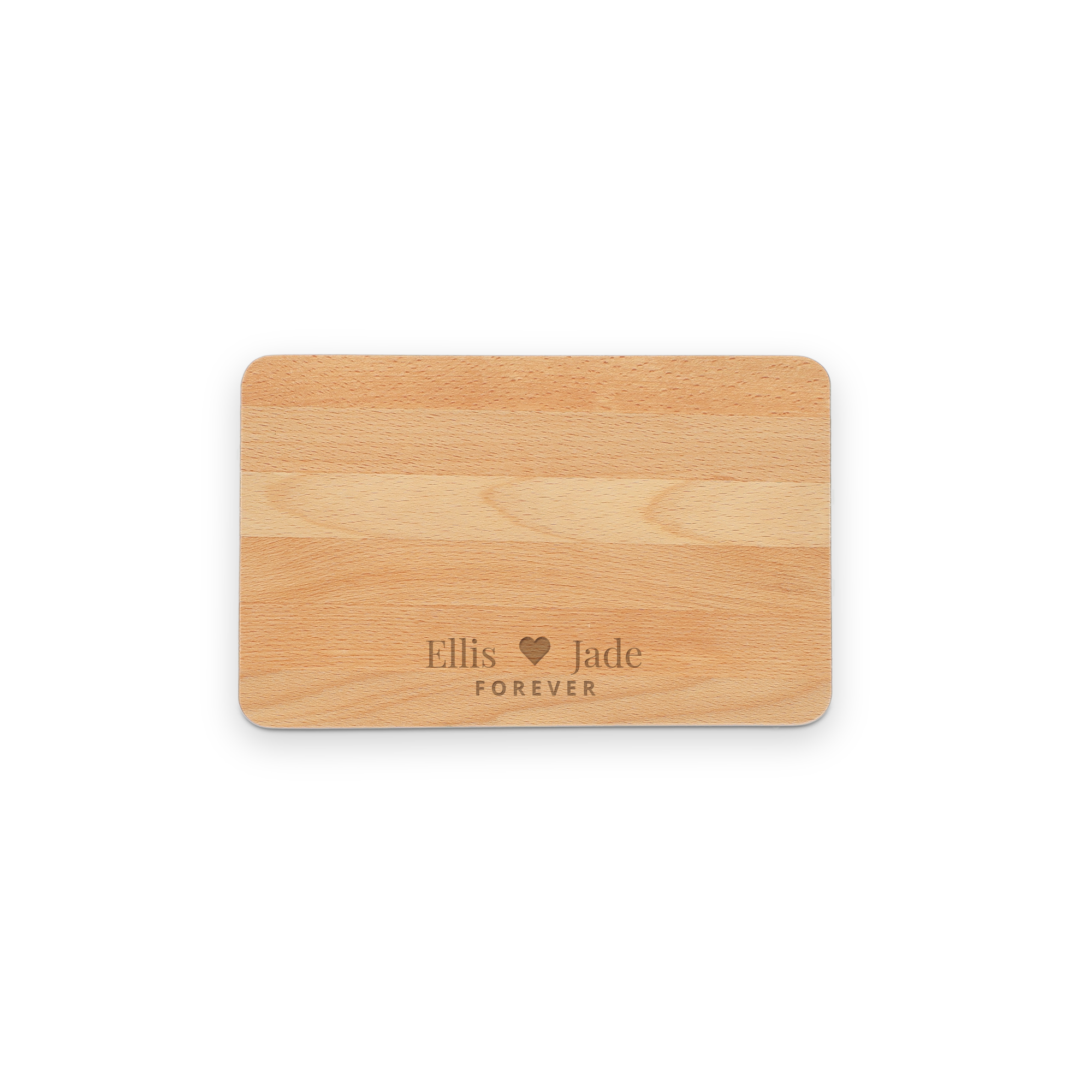 Wooden chopping board engraved with names Ellis and Jade and the text Forever