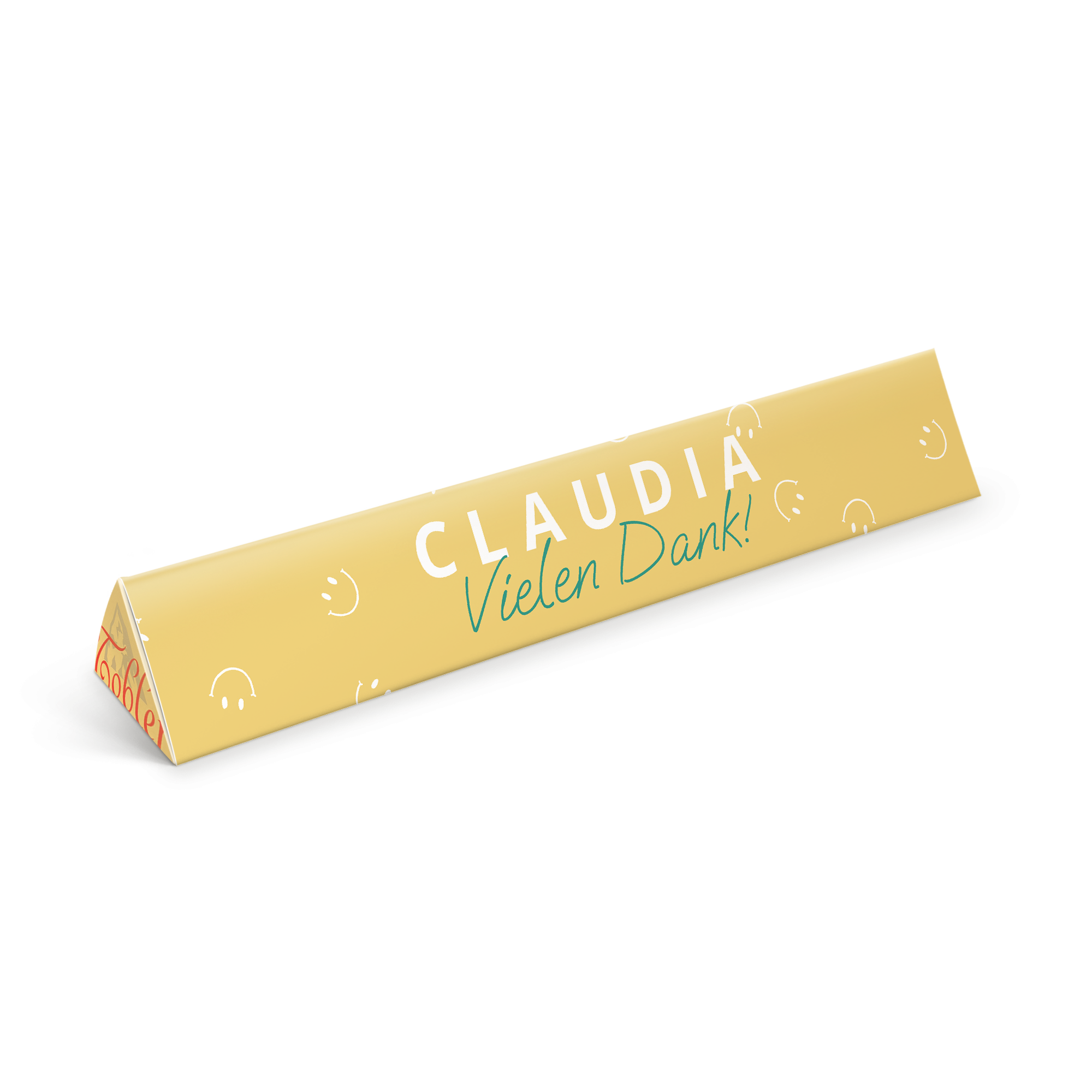 Die personalisierte Toblerone Schokolade mit dem Namen Claudia und dem Text "Vielen Dank!" auf der Verpackung.