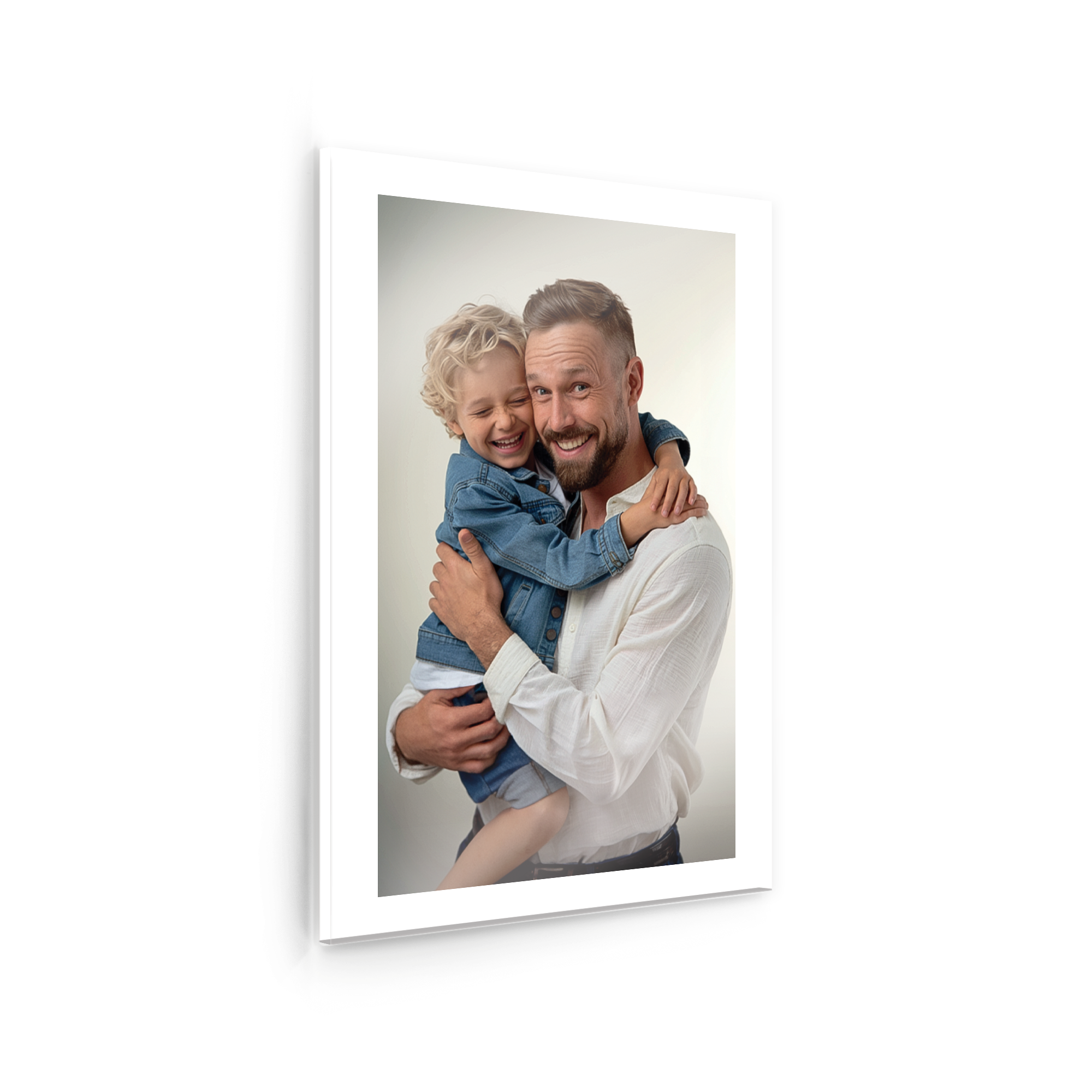 Photo on acrylic featuring a man holding a young boy, printed with a custom photo.