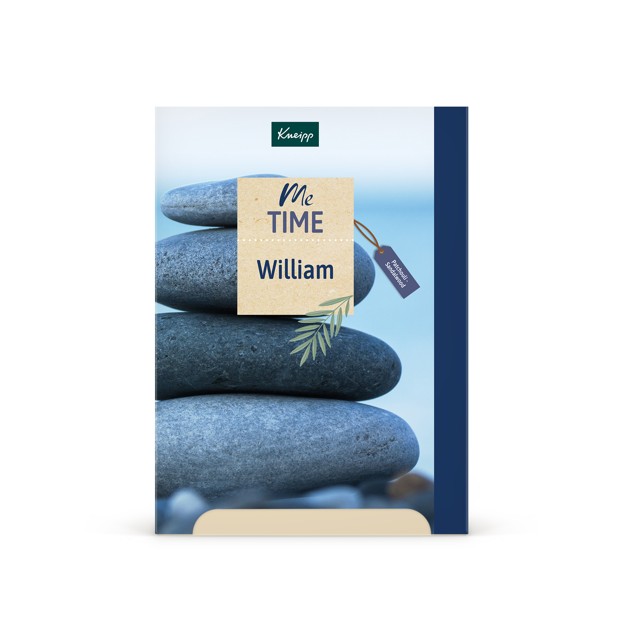 Spersonalizowane pudełko prezentowe Kneipp Me-Time - projekt Kneipp z nadrukowanym imieniem William, hasłem Me-Time i motywem liściastym na tle ułożonych kamieni.