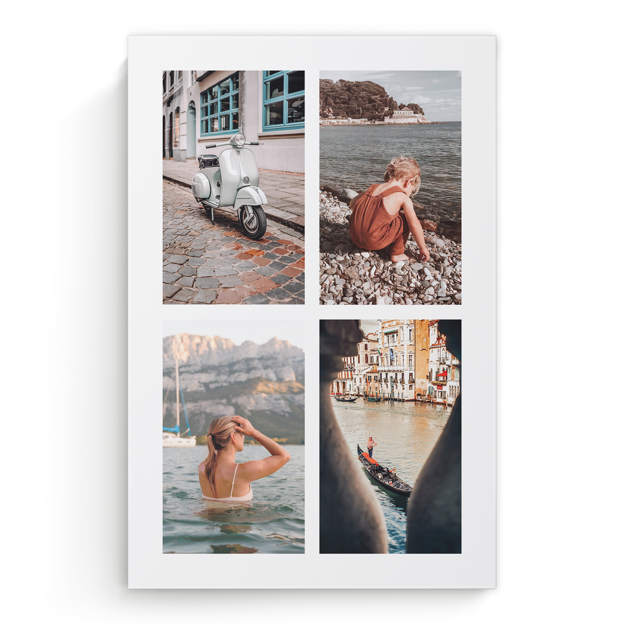 Collage de photos imprimées sur toile, avec des images de voyages et de vacances