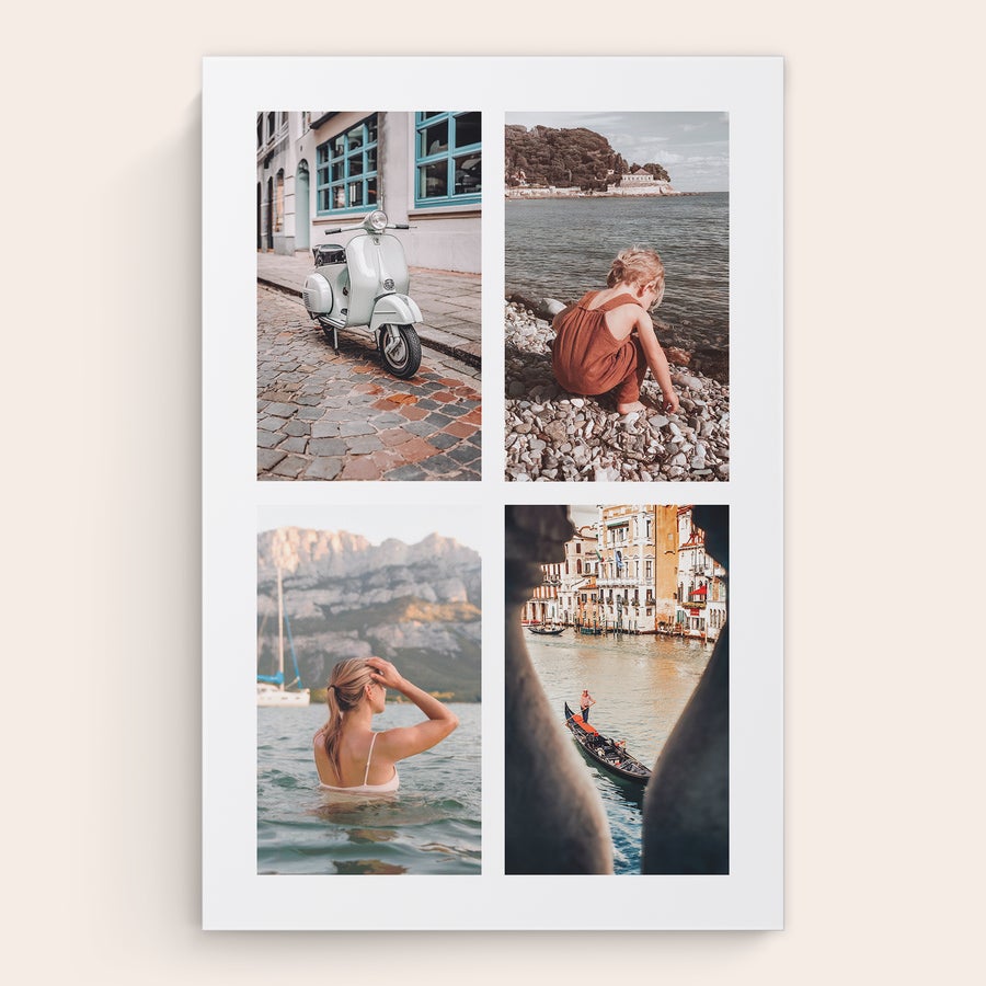 Foto en lienzo - Varios tamaños Lienzo collage de cuatro fotos con scooter, niño en la playa, mujer nadando y góndola, impreso con foto.