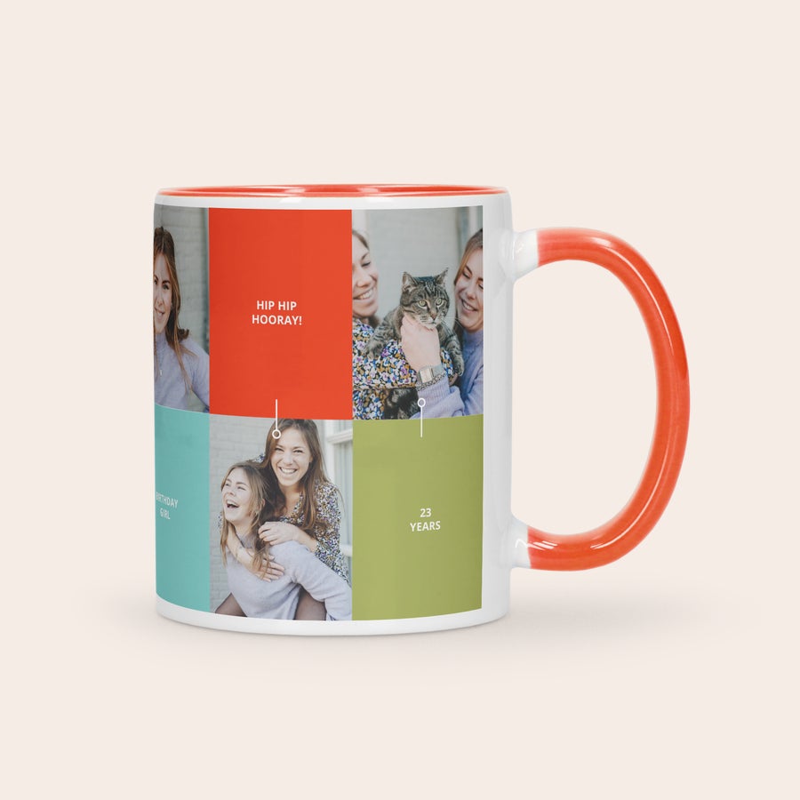 Taza colorida personalizada Taza personalizada de color blanco y naranja con fotos impresas y texto "Hip Hip Hooray!" y "23 Years".