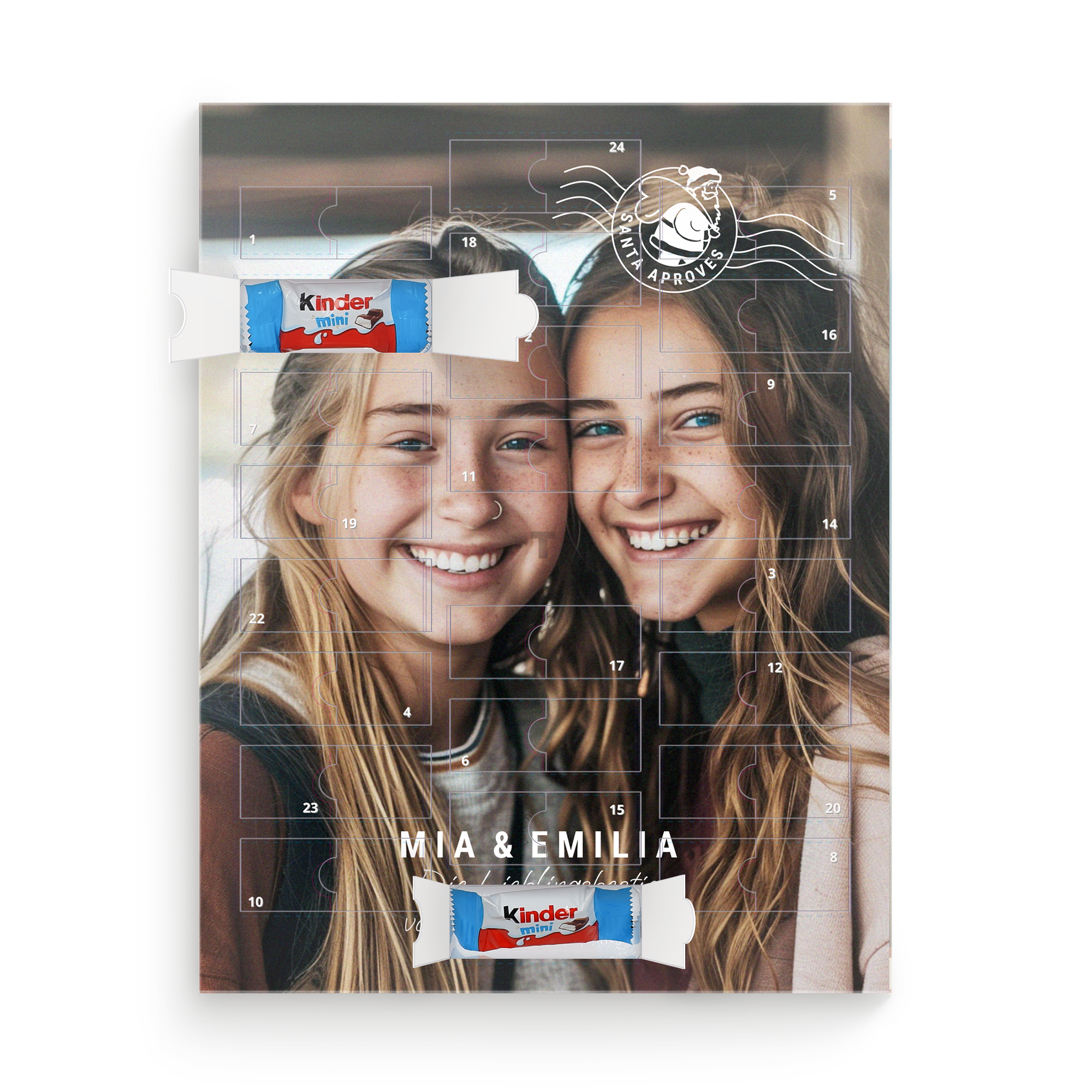 Personalisierter kinderschokolade adventskalender mit eigenem Foto, Namen Mia & Emilia, und 
