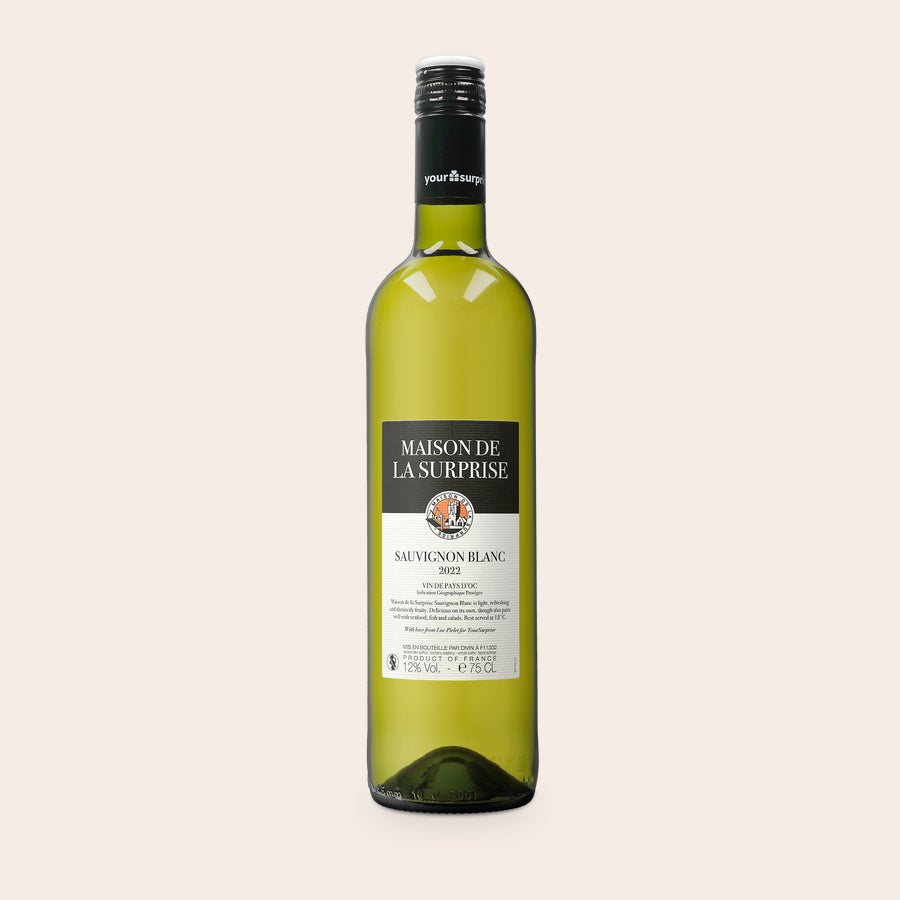 Maison de la Surprise Sauvignon Blanc Personalizzato Bottiglia di Maison de la Surprise Sauvignon Blanc 2022 con etichetta personalizzata, perfetta per sorprendere chi vuoi