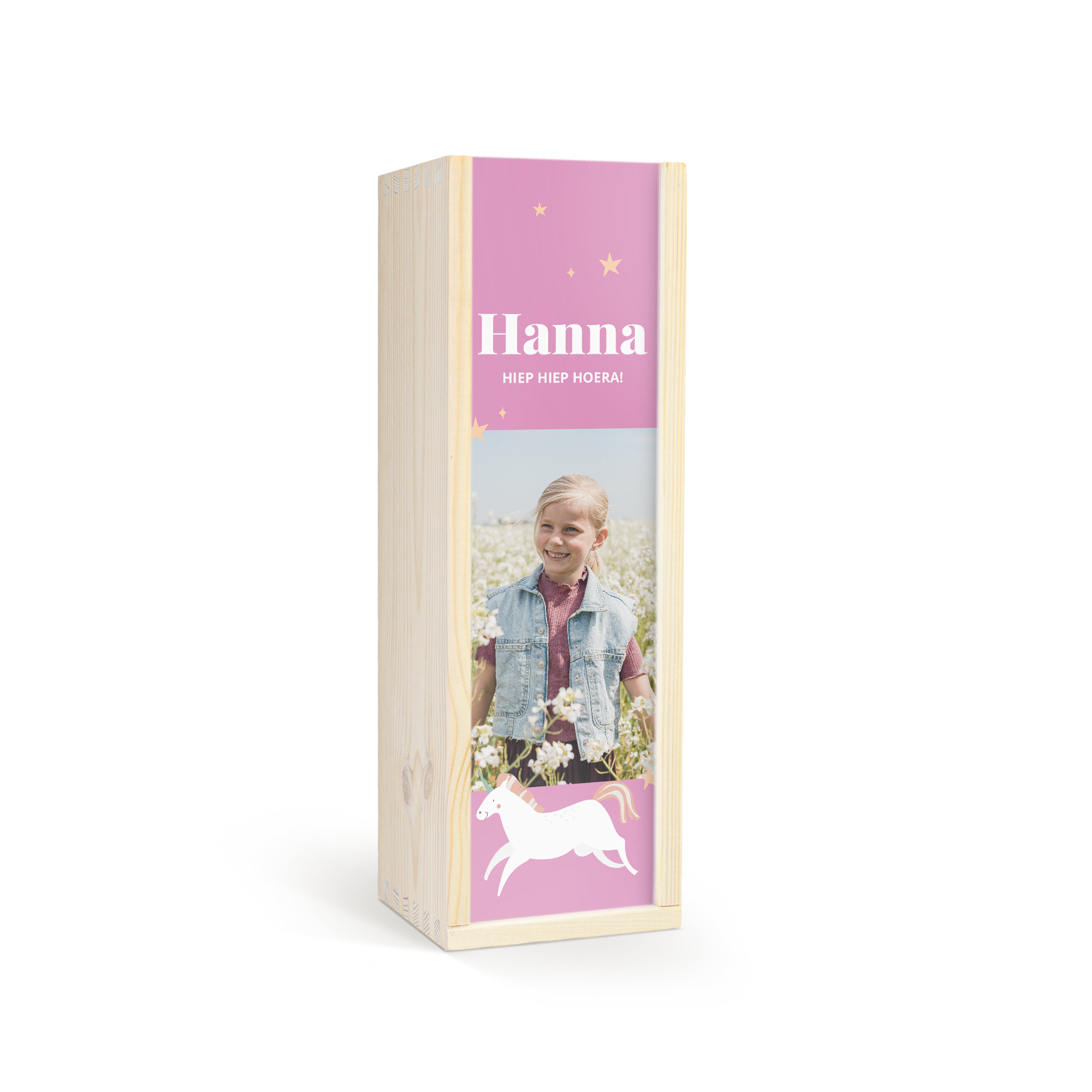 Houten bedrukte kist met Kidibul kinderchampagne, gepersonaliseerd met foto, naam Hanna en eenhoorn illustratie.
