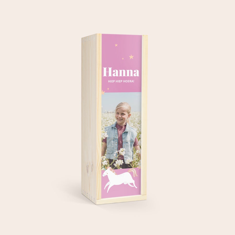 Kinderbubbels - Kidibul Houten bedrukte kist met Kidibul kinderchampagne, gepersonaliseerd met foto, naam Hanna en eenhoorn illustratie.