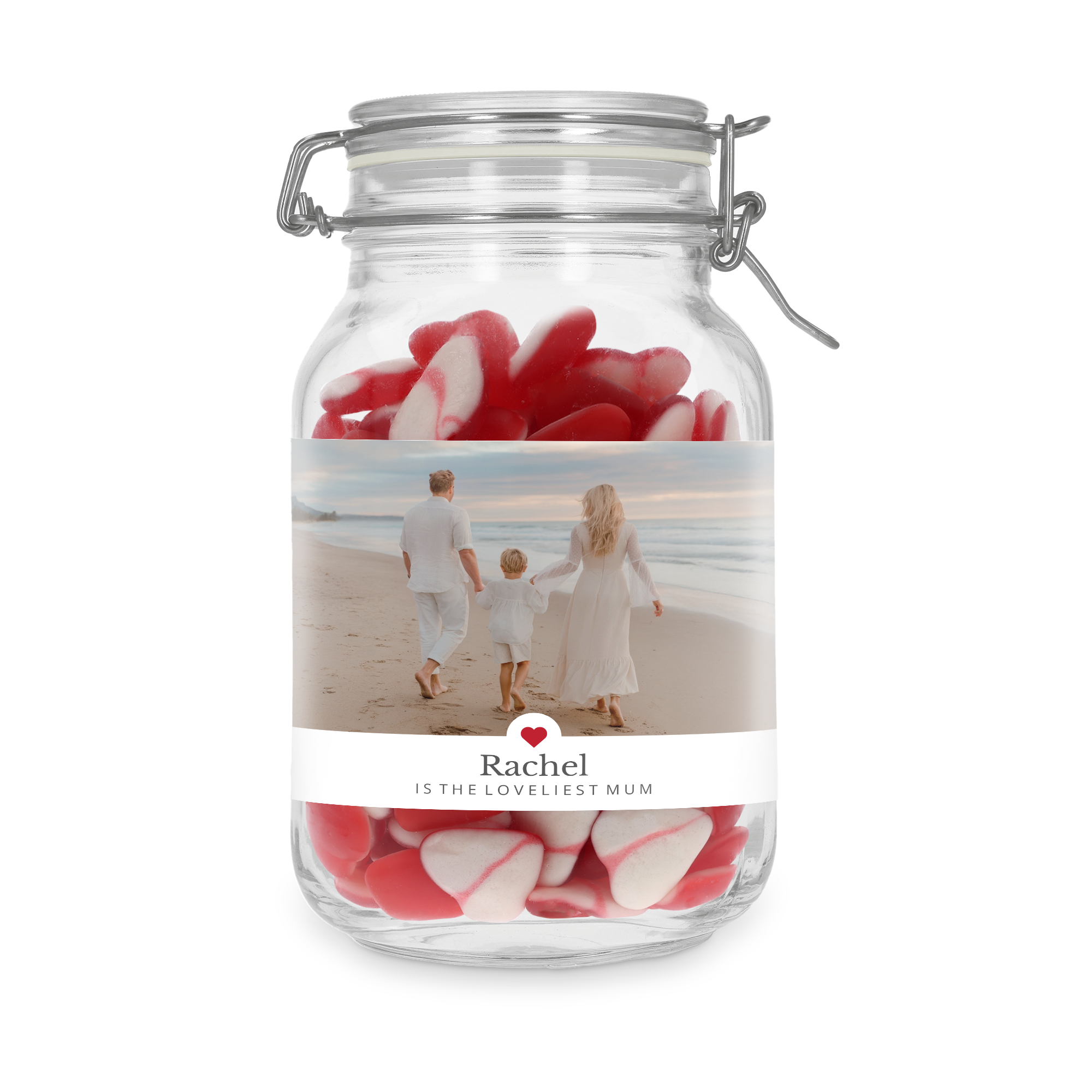 Barattolo per dolci personalizzato con cuori rossi e bianchi, con foto e testo Rachel stampati sull'etichetta