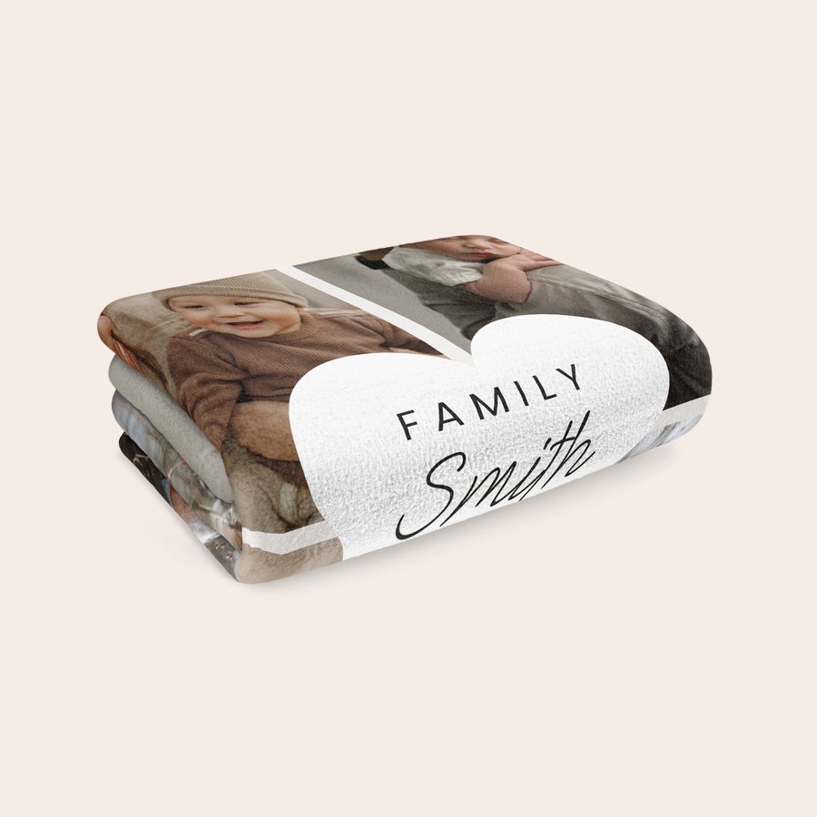 Fleece foto deka Personalizovaná flísová deka s potlačenými fotografiami, srdiečkom a nápisom Family Smith.