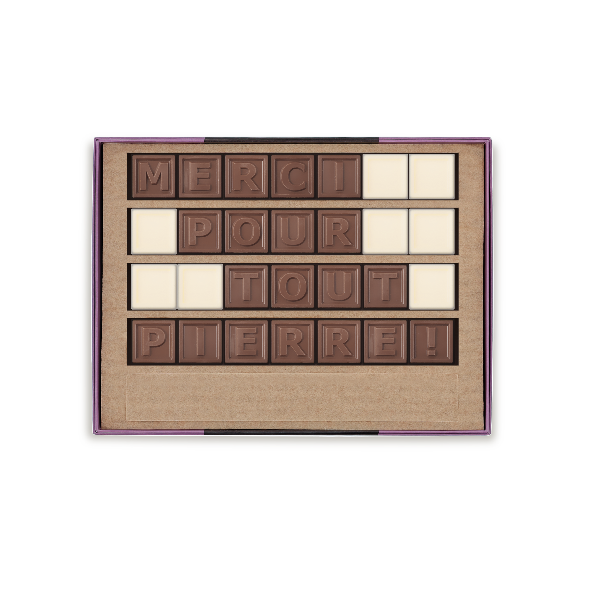 Chocotelegram® personnalisé "Merci pour tout Pierre !" en chocolat au lait et blanc