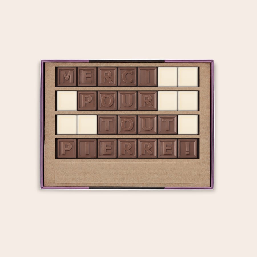 Messages en chocolat - Chocotelegram Chocotelegram® personnalisé "Merci pour tout Pierre !" en chocolat au lait et blanc