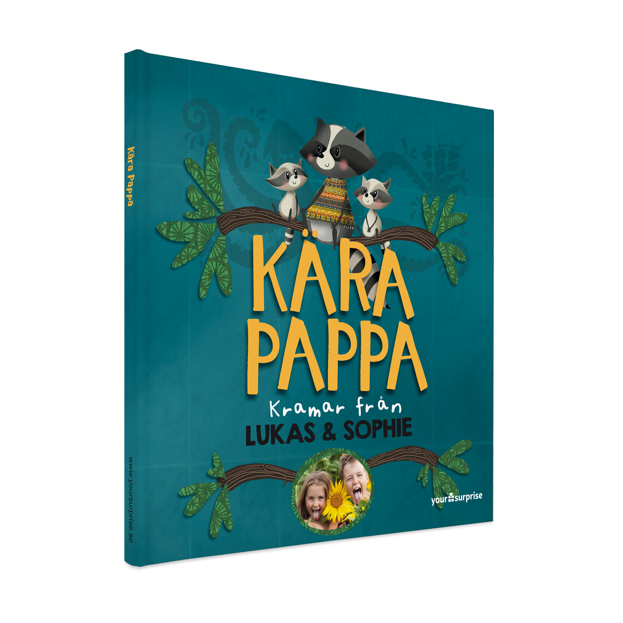 Personlig sagobok Kära Pappa med tvättbjörnar, egen text Kramar från Lukas & Sophie och barnfoto, en söt bok som visar pappa hur viktig han är