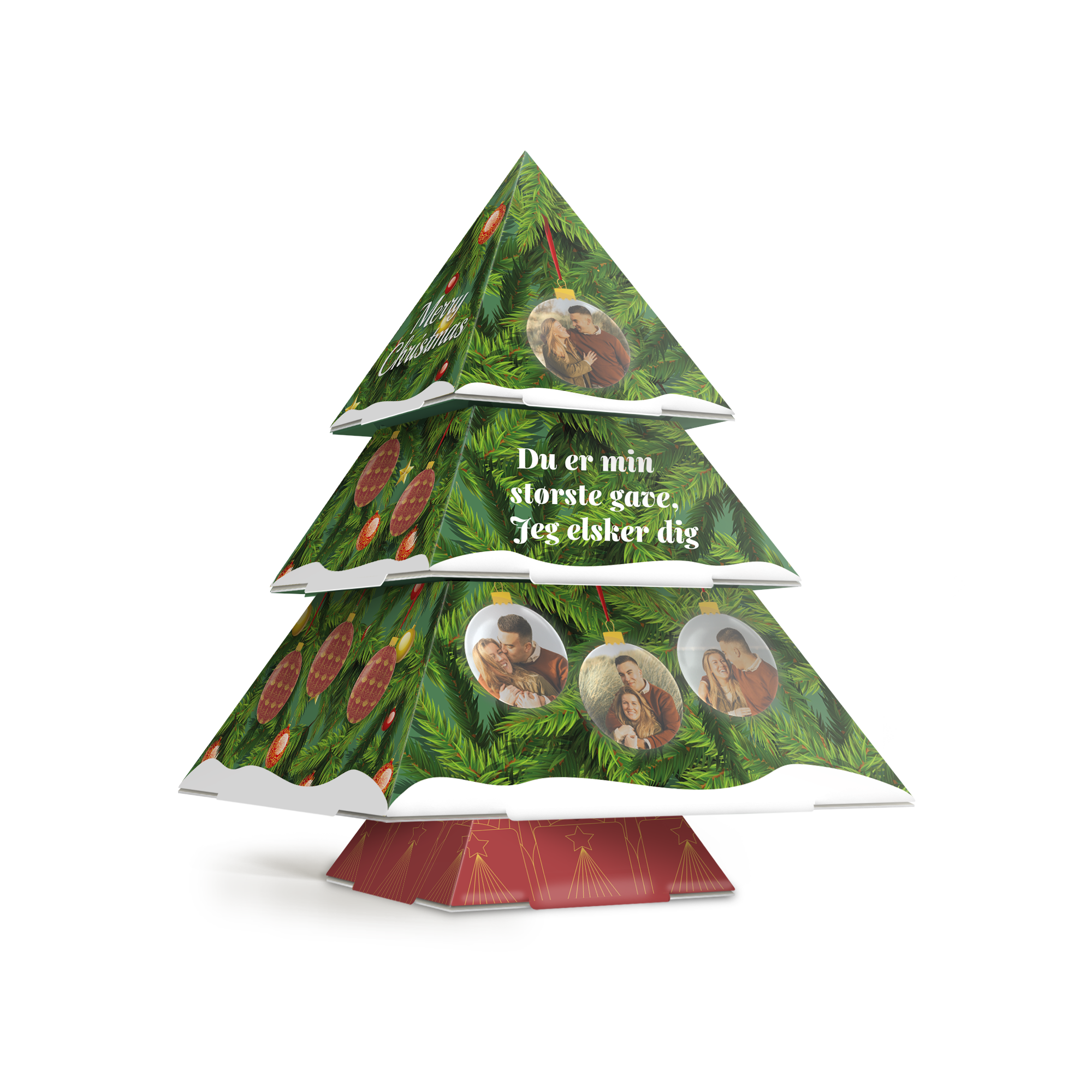 DIY papirjuletræ med personligt foto, tekst Du er min største gave, Jeg elsker dig og mønster for at sætte gang i julestemningen.