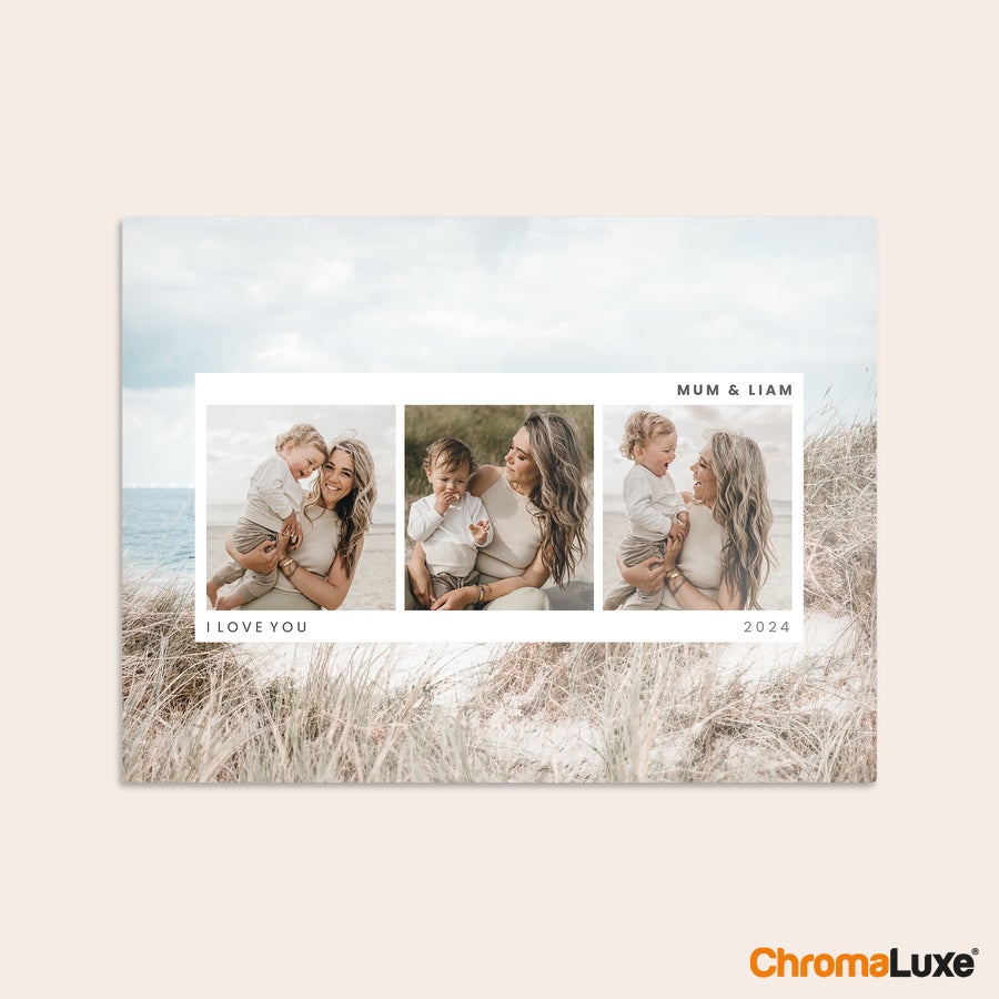 Aluminium photo panel Chromaluxe aluminium photo prints with three images of a mother and child, customized with names and text