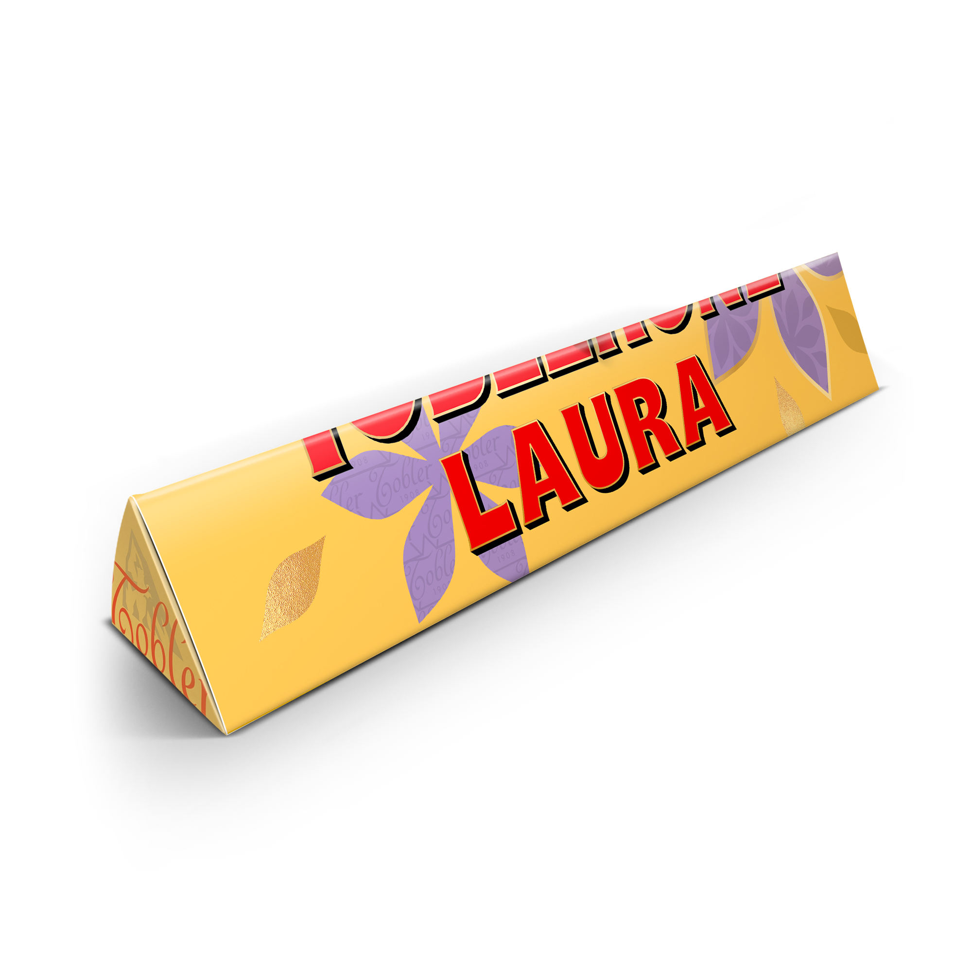 Personalisierte Toblerone Schokolade mit dem Namen Laura und lila Blüten gedruckt. Überraschen Sie Ihre Mama mit einer personalisierten Tafel Toblerone-Schokolade.