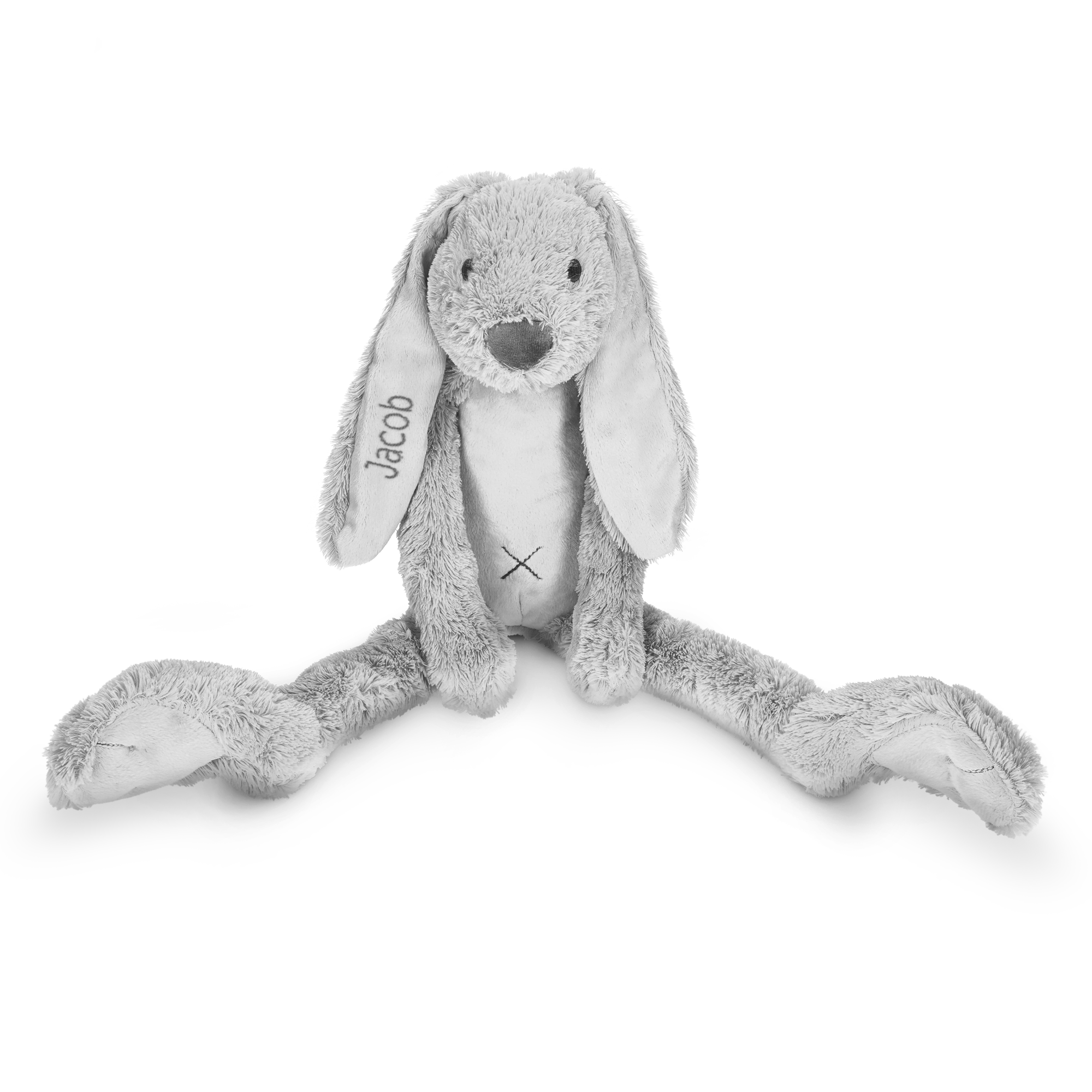 Grå Rabbit Richie kosekanin med navnet Jacob brodert på øret, en personlig gave til den lille.