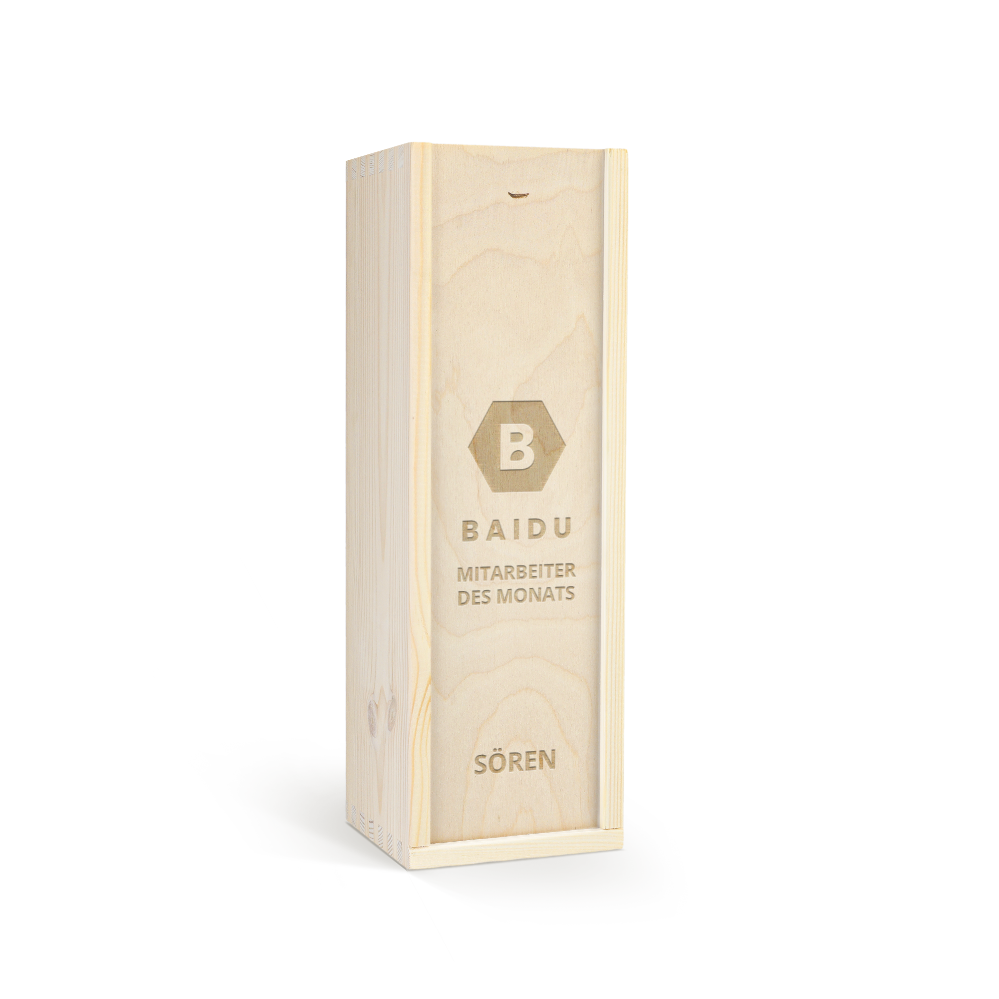 Personalisierte Glen Talloch Whisky Holzkiste mit graviertem Logo B, dem Text BAIDU MITARBEITER DES MONATS und dem Namen SÖREN