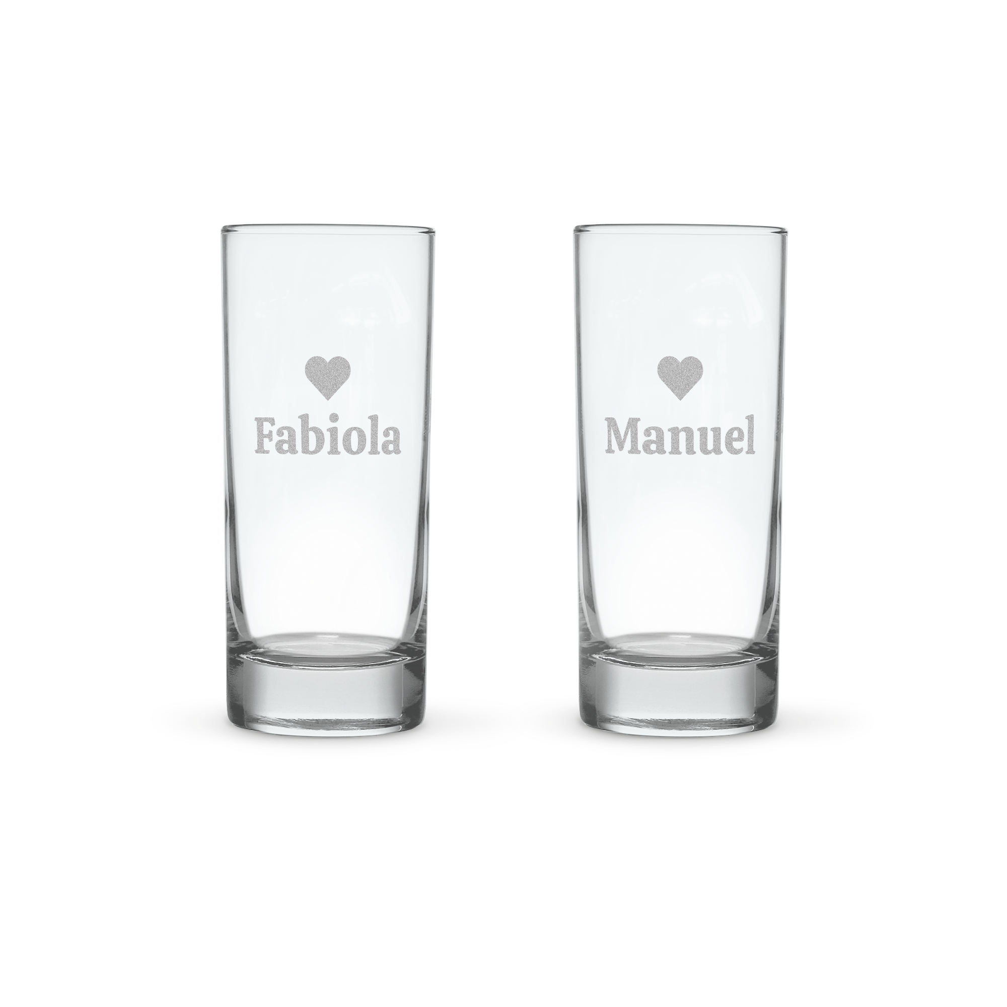 Deux verres à Ricard et Pastis transparents gravés d'un cœur et des prénoms Fabiola et Manuel