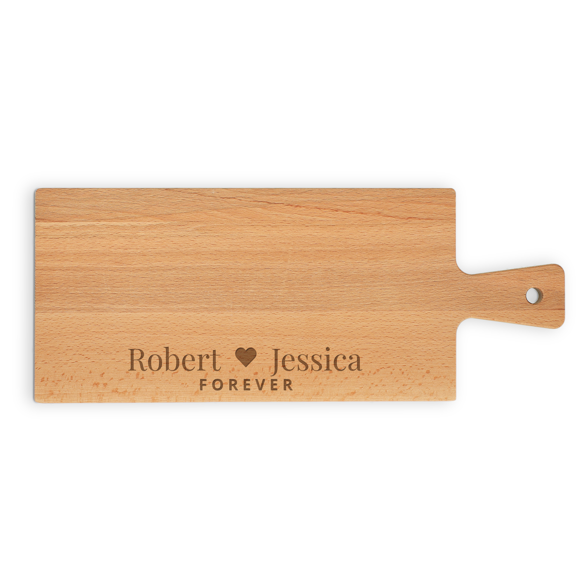 Houten serveerplank, met 'Robert hartje Jessica Forever' gegraveerd om de lekkerste hapjes op te serveren.