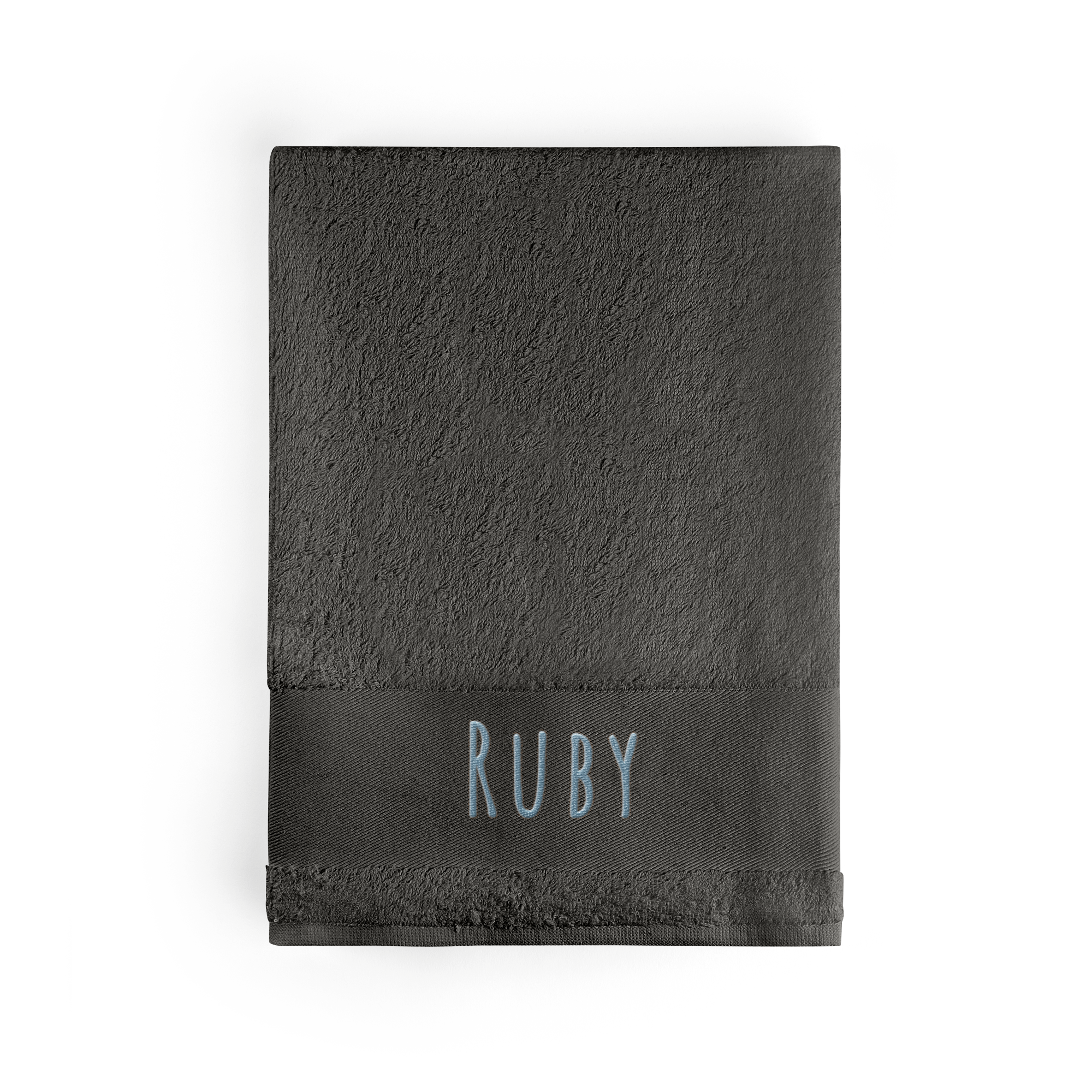 Dark grey personalized towel embroidered with the name RUBY in light blue thread