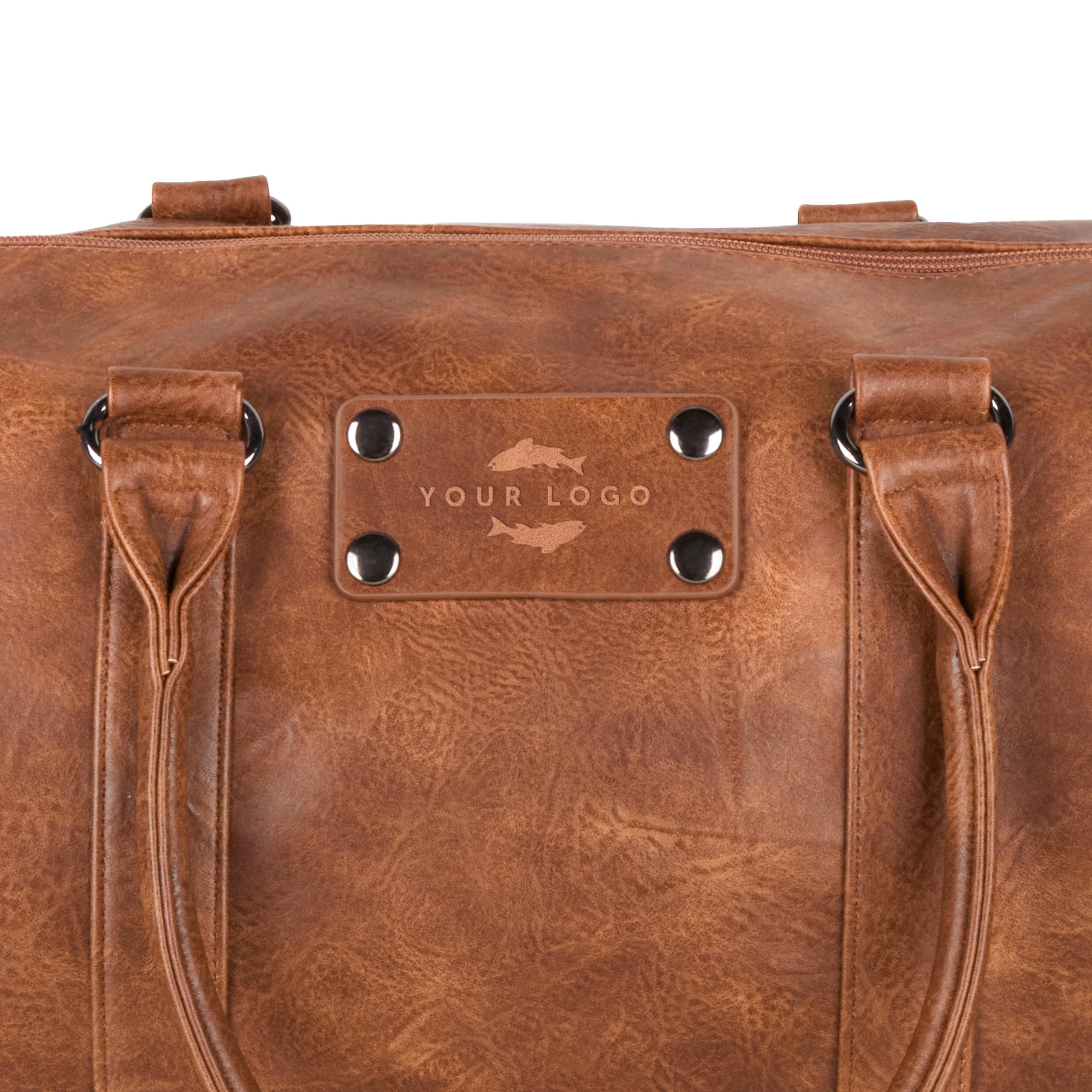 Matkusta tyylikkäästi ruskealla PU-nahkaisella viikonloppulaukulla, johon on kaiverrettu "YOUR LOGO" ja kaksi kalaa.
