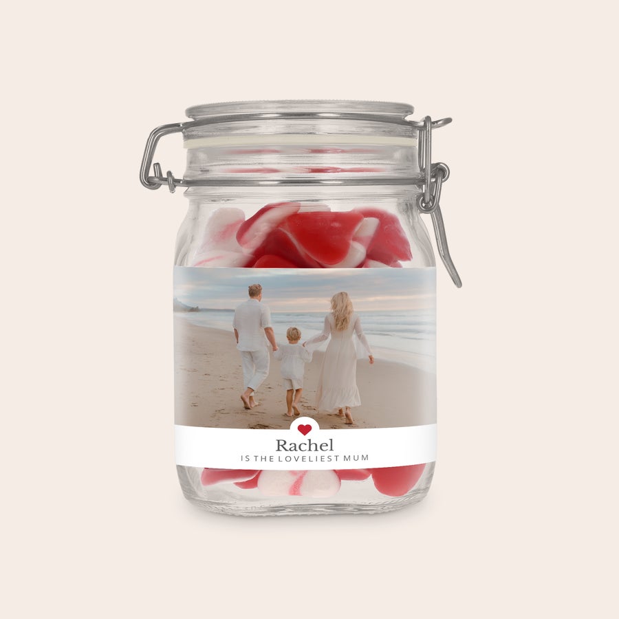 Barattolo di caramelle personalizzato Barattolo per dolci personalizzato con cuori rossi, foto di famiglia e testo Rachel is the loveliest mum stampati
