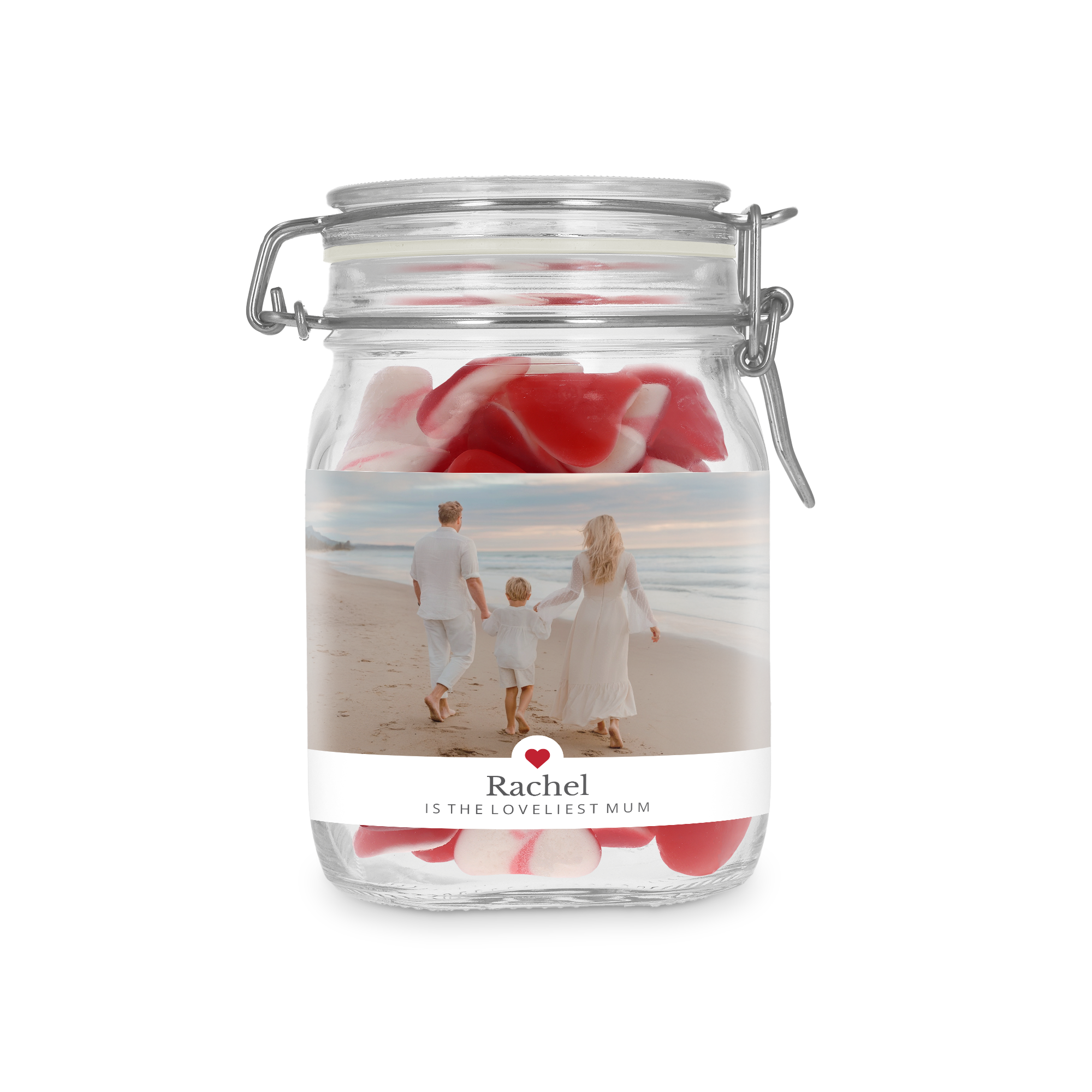 Tarro de dulces personalizado con una foto de familia en la playa, el nombre Rachel y caramelos de corazón.