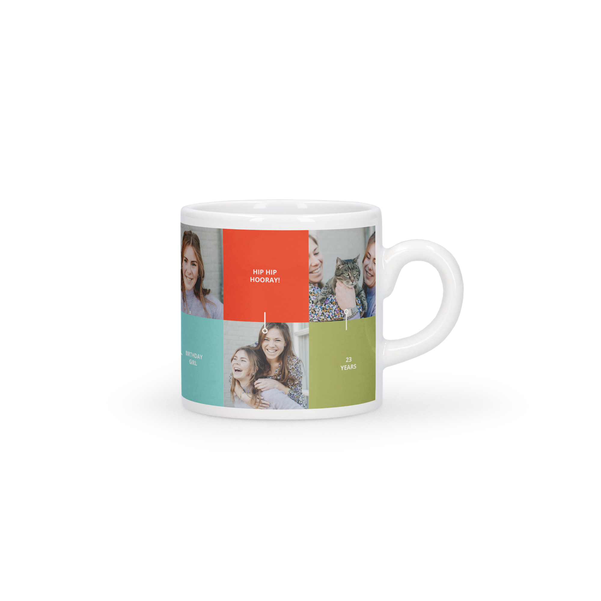 Ceașcă espresso personalizată cu o colaj foto și text tipărit, "HIP HIP HOORAY!" și "23 YEARS".