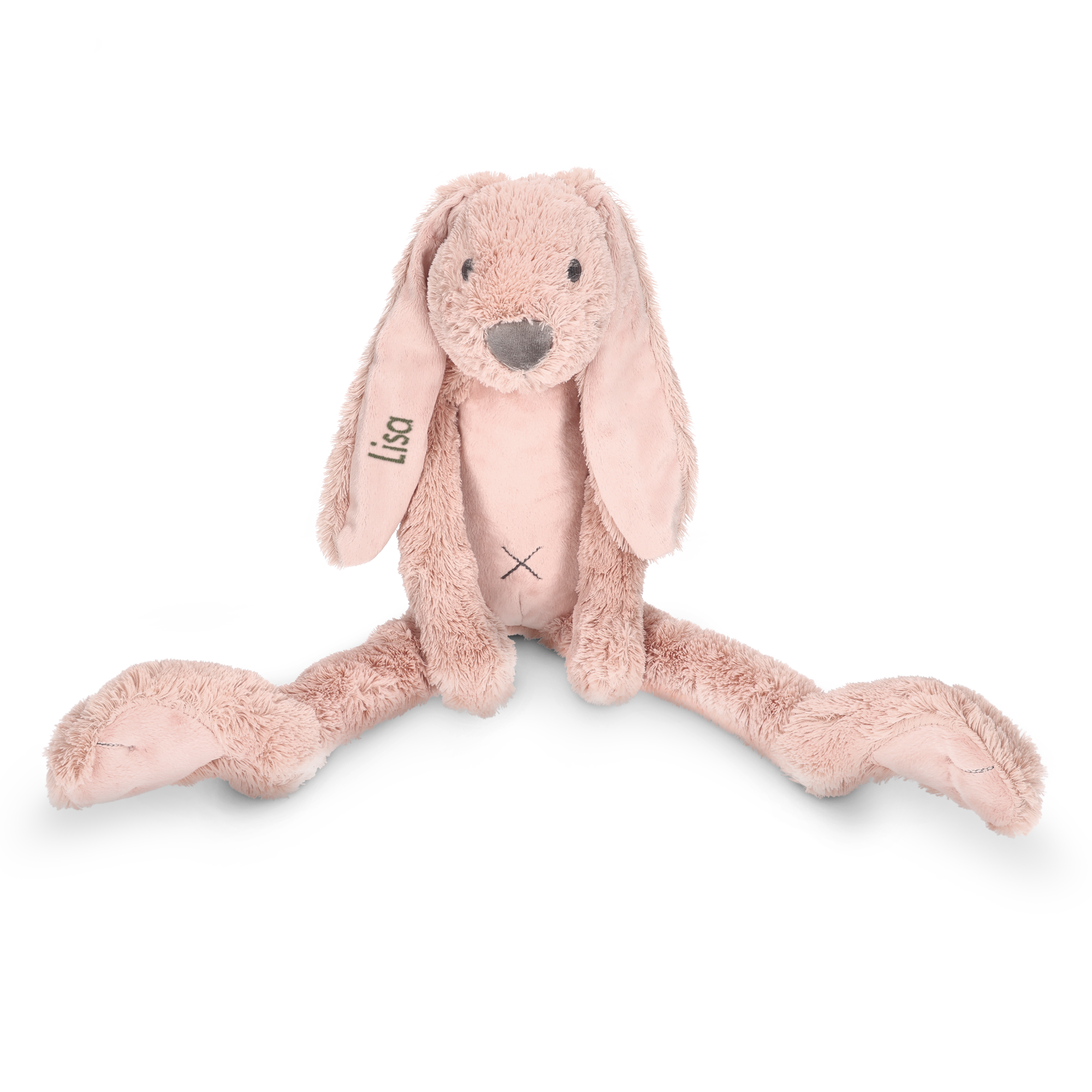 Rosa Kuschelkaninchen mit dem Namen Lisa auf dem Ohr gestickt.