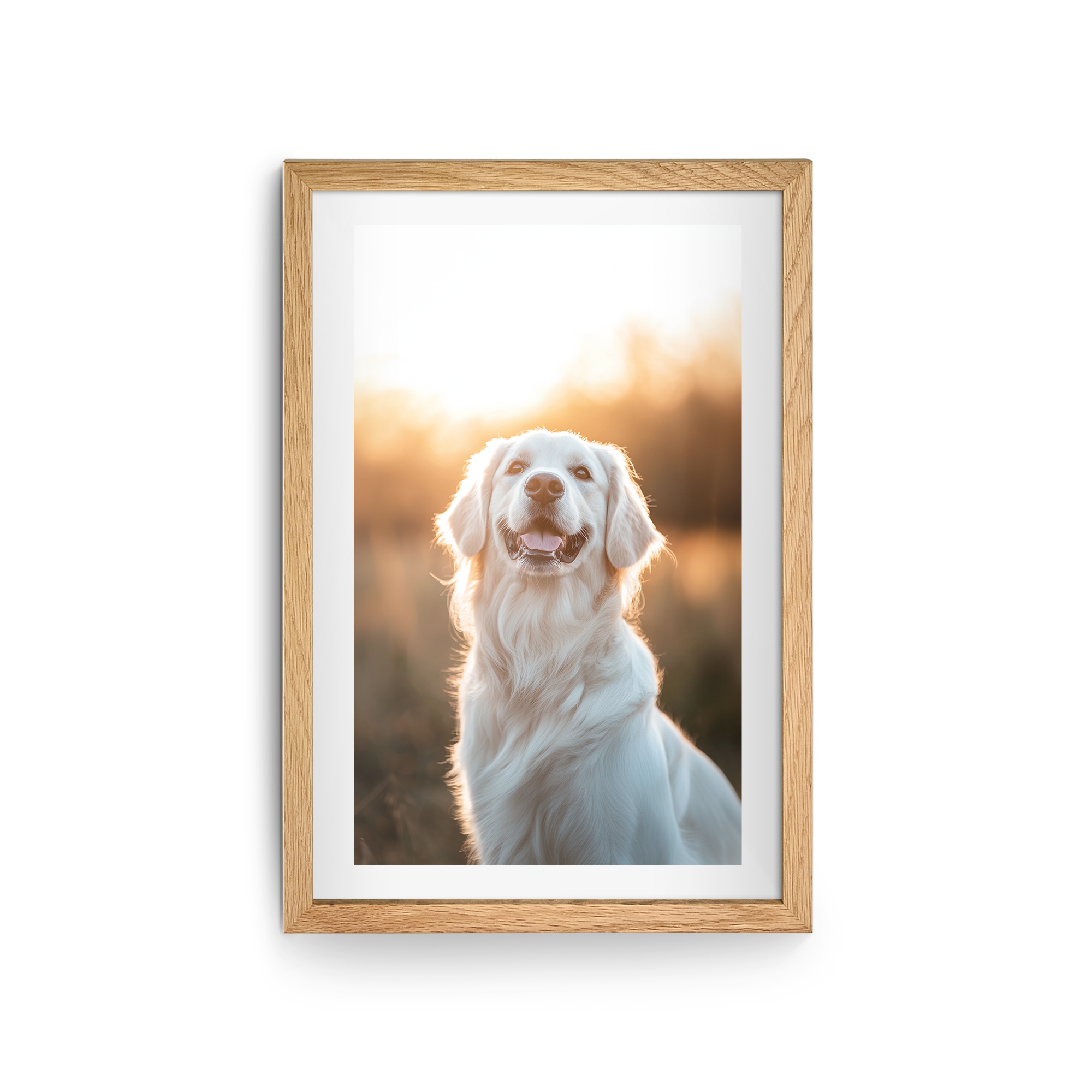 Personaliserad affisch med din vackraste fotoögonblick, tryckt och inramad i ek med en glad golden retriever i motljus.
