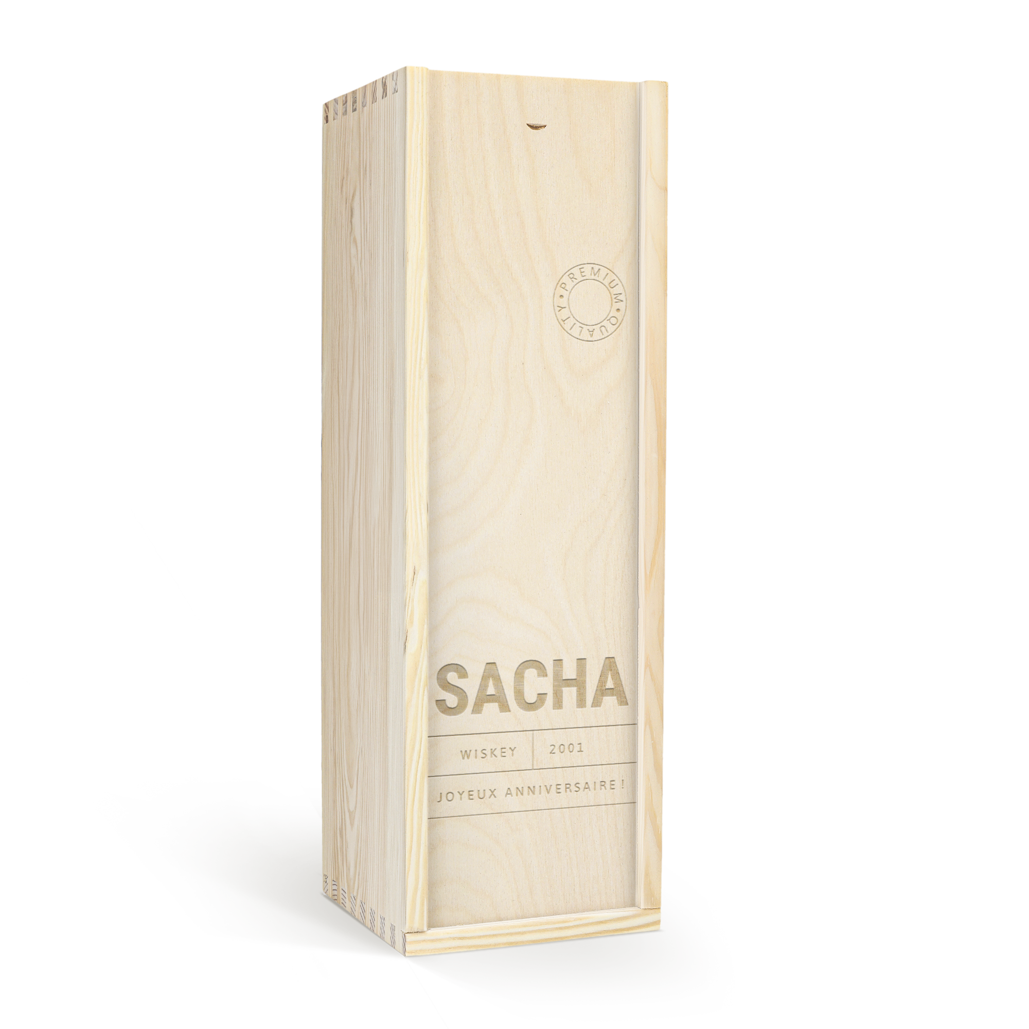 Coffret en bois gravé personnalisé avec bouteille de whisky Sacha, 2001, Joyeux Anniversaire