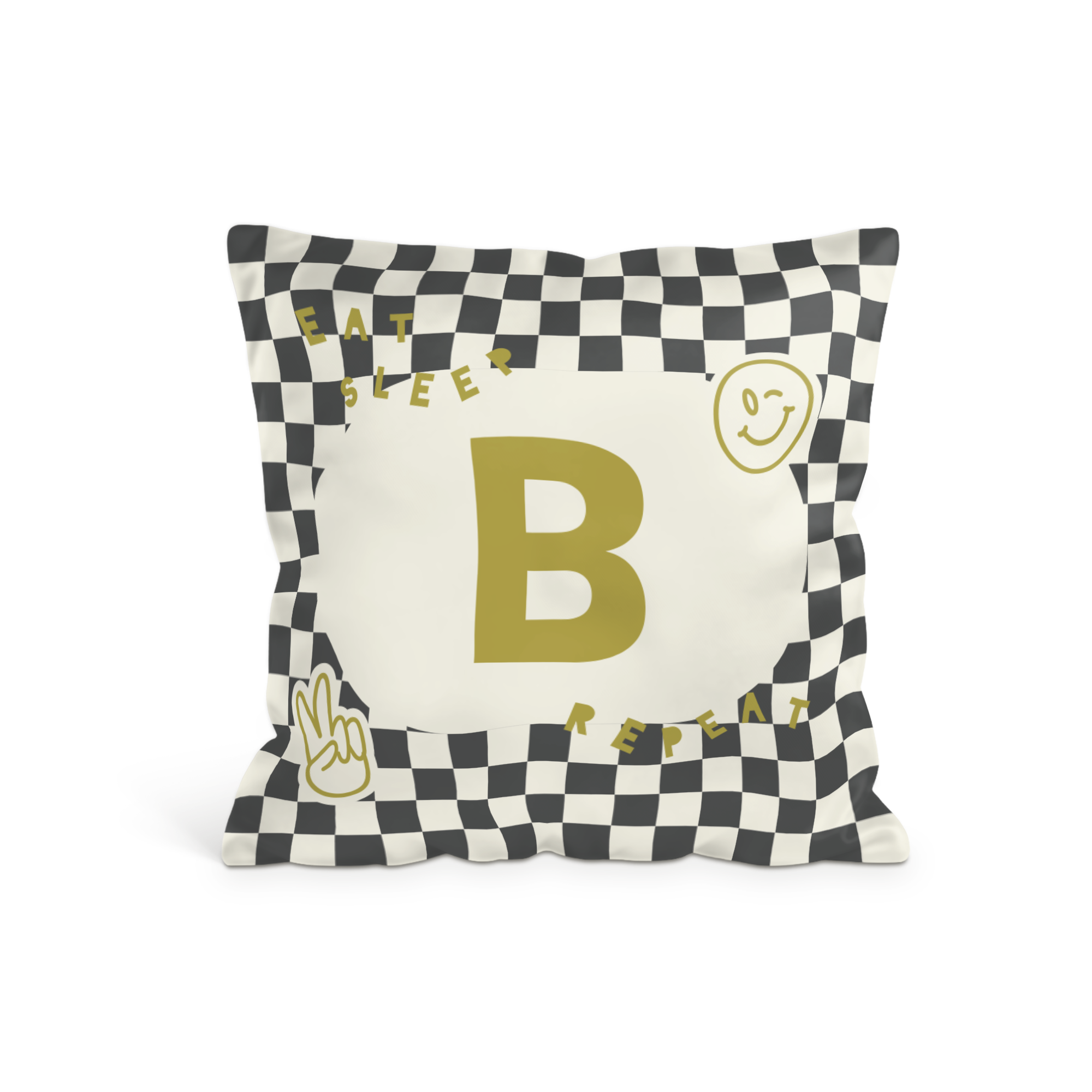 Kussensloop met foto 65 x 65 cm Volledig bedrukt met zwart wit schaakbordpatroon en gouden letter B