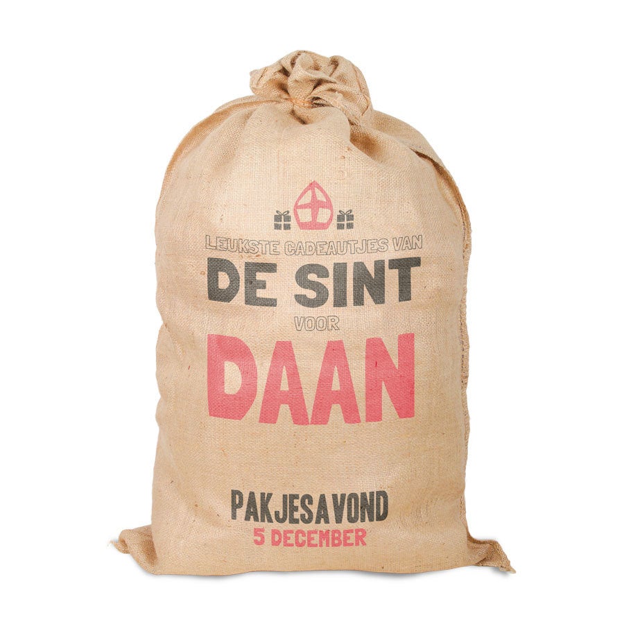 Jute zak van Sinterklaas met naam bedrukt