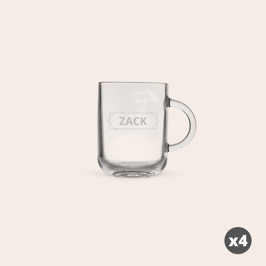 Taza de té grabada Taza de cristal para té grabada con el nombre "ZACK", un set de tazas de cristal personalizadas con texto o nombre.