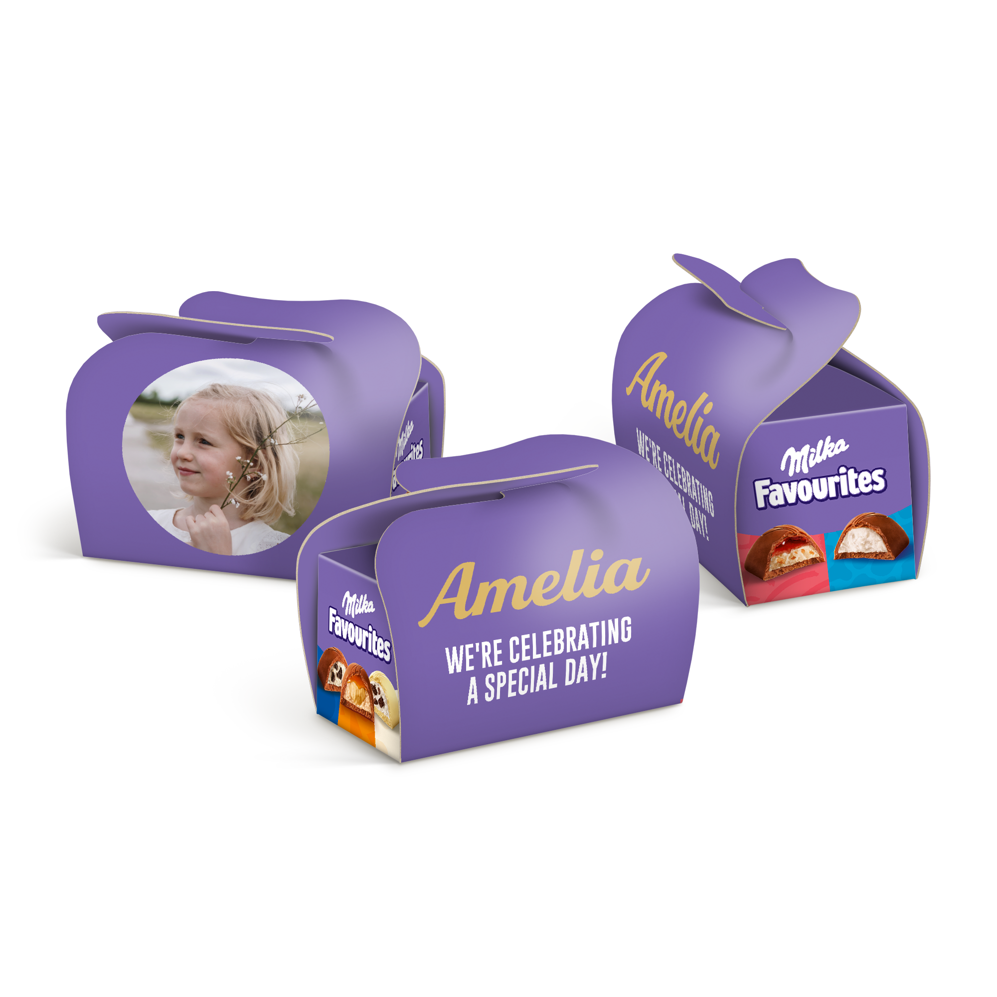 Fialové bonboniéry Milka Favourites s potlačou mena Amélia, textu a fotografií dievčaťa, zdieľajte malé okamihy fialovej mágie so svojím osobným dotykom