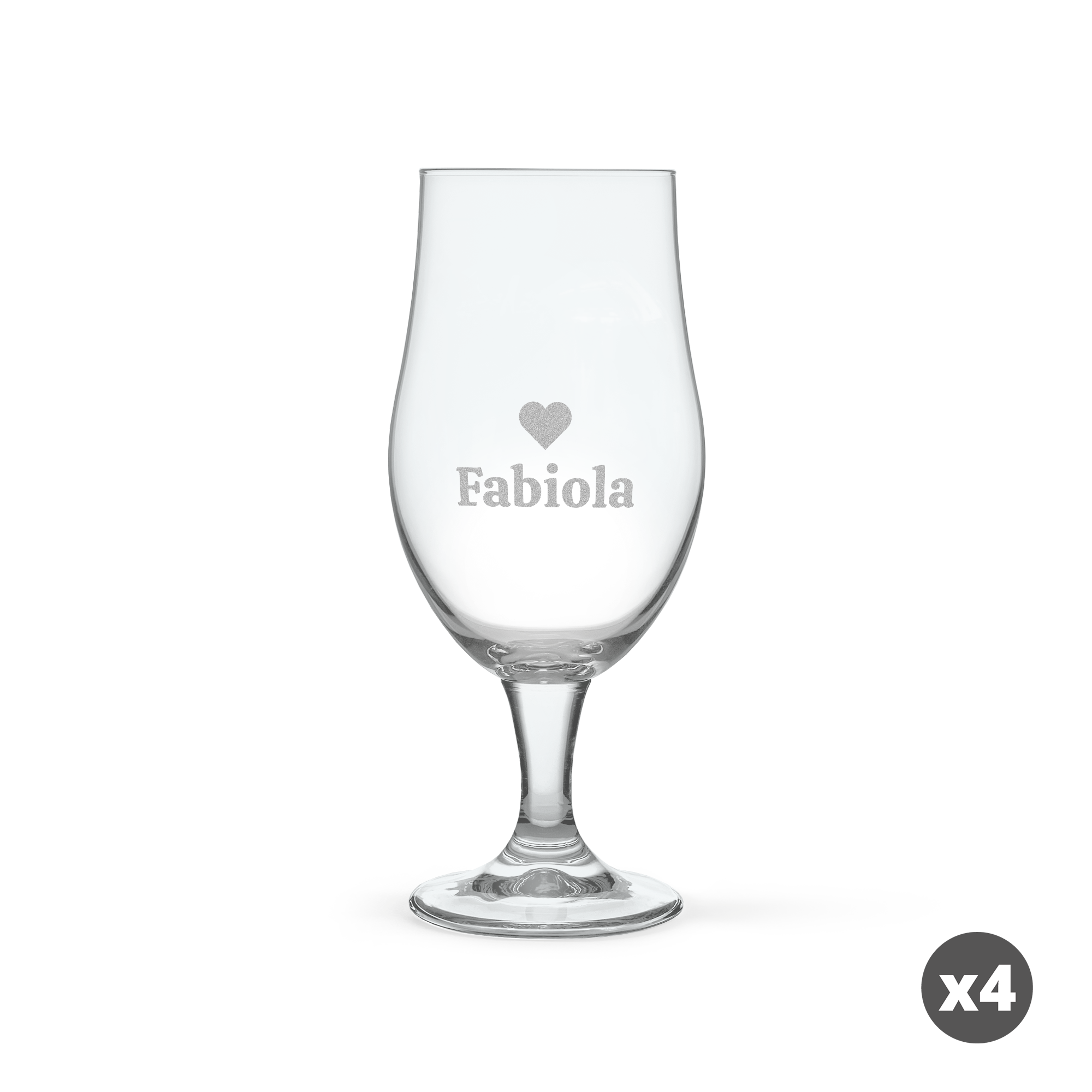 Personalisiertes Pina Colada Glas aus blauem Glas, graviert mit dem Namen "Fabiola" und einem Herzsymbol.