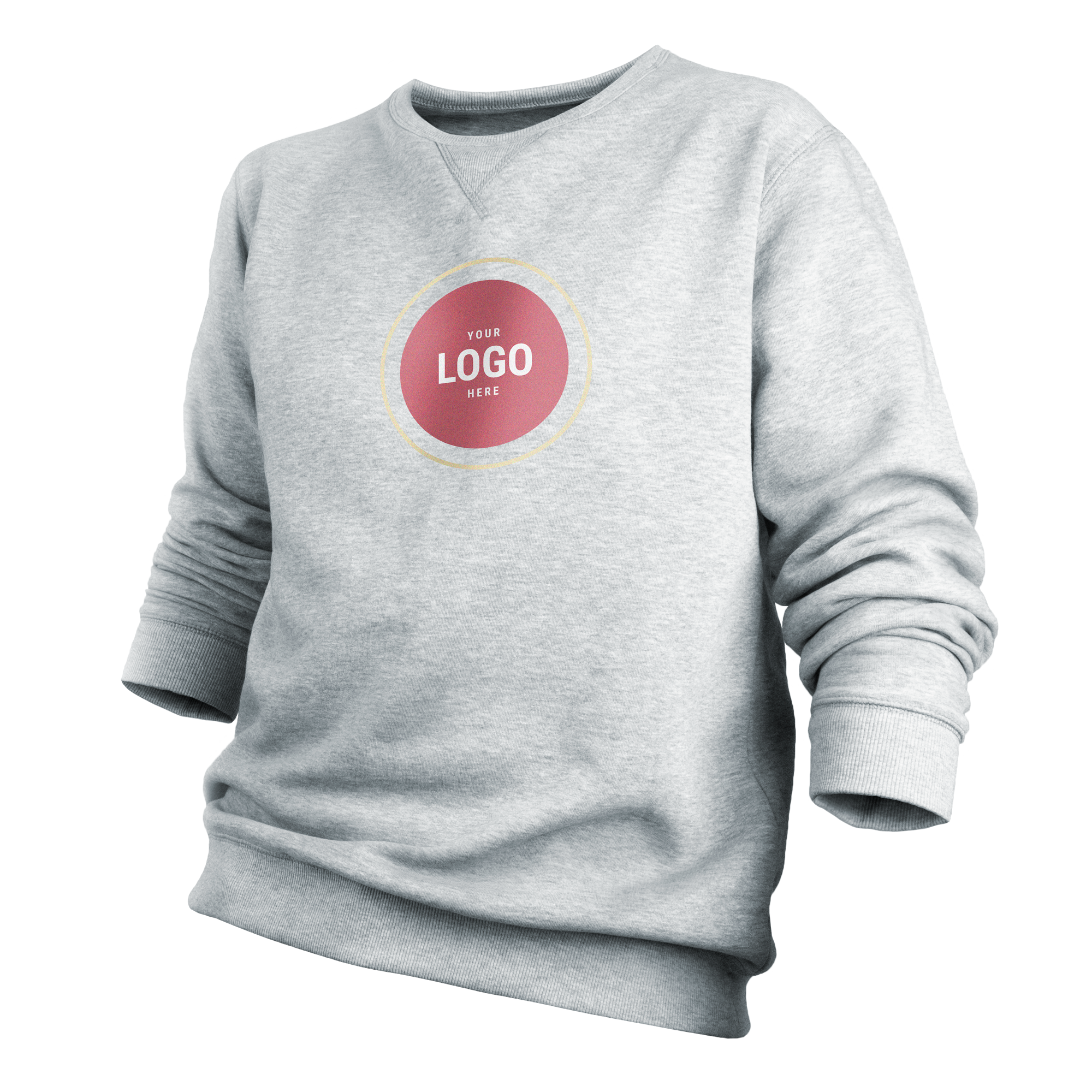 Grå personlig sweater med rundt rødt design og teksten YOUR LOGO HERE trykt på trøjen.