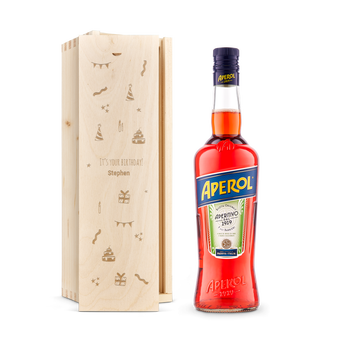 Brandy Aperol en caja de madera grabada