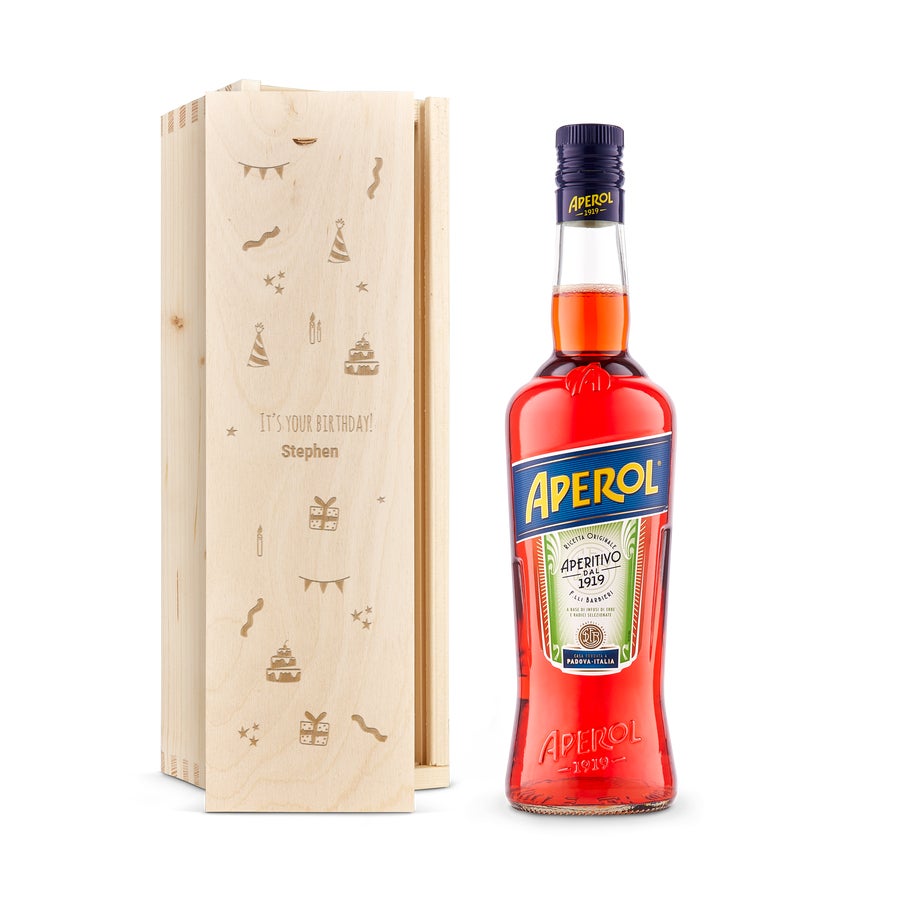 Personalised liqueur gift - Aperol - Engraved wooden case
