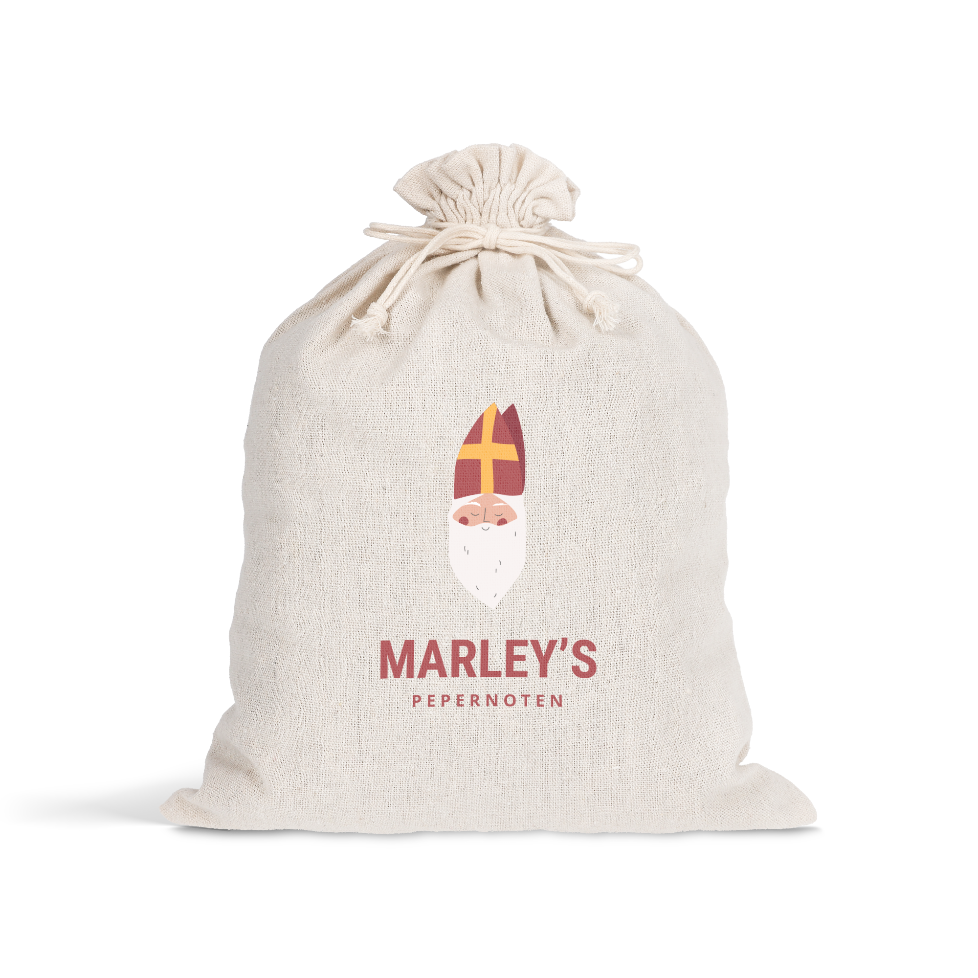 Gepersonaliseerd katoenen Sinterklaas zakje met tekening en de tekst "MARLEY'S PEPERNOTEN" bedrukt.