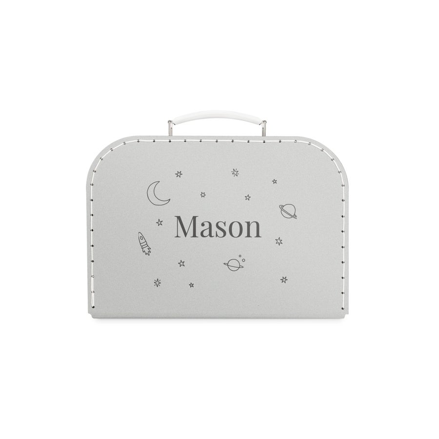 Personalised toy suitcase Personalized light gray toy suitcase for a child's bedroom printed with the name Mason and space illustrations