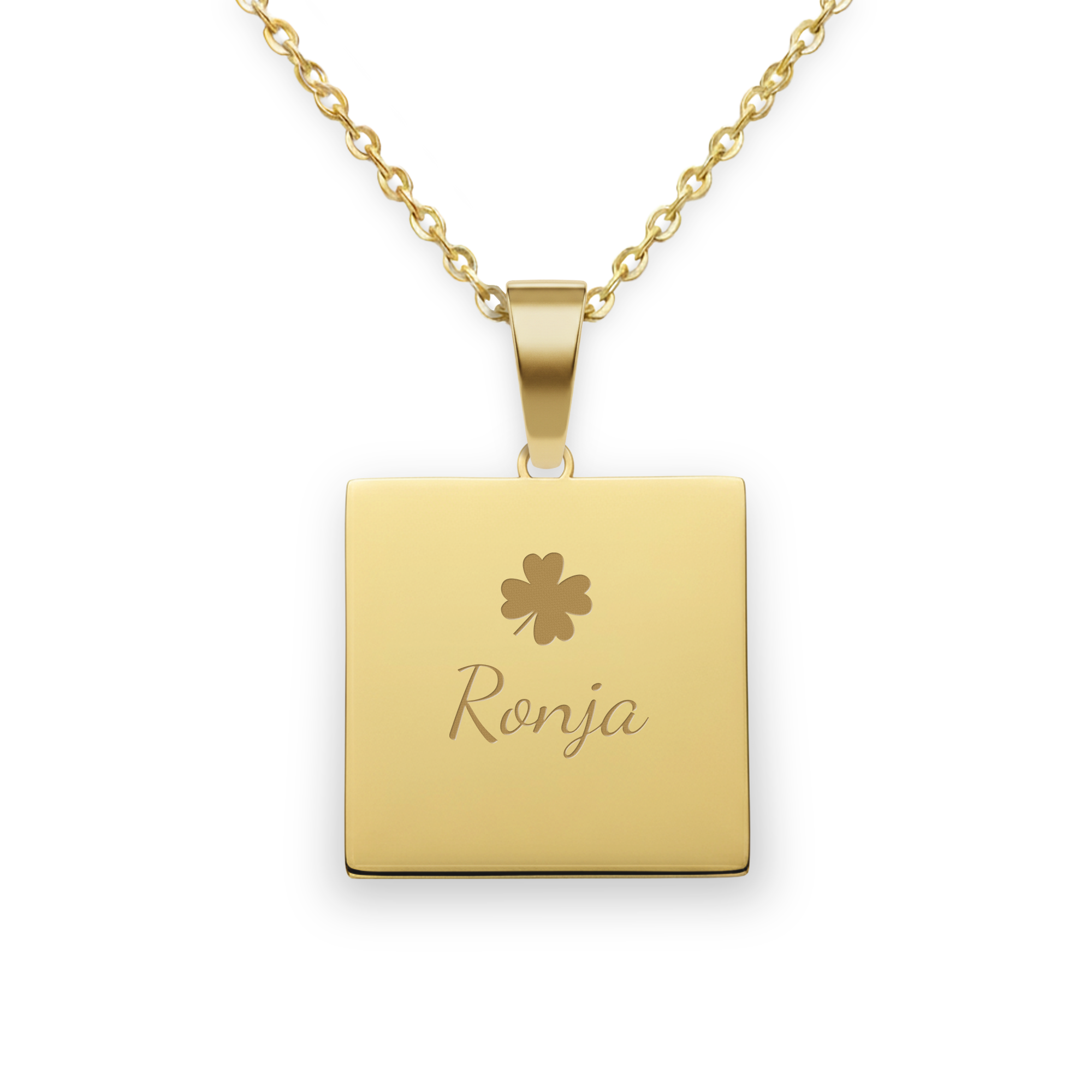 Goldene Halskette mit quadratischem Anhänger, graviert mit dem Namen "Ronja" und einem Kleeblatt. Der personalisierbare Anhänger ist ein besonderes Geschenk.